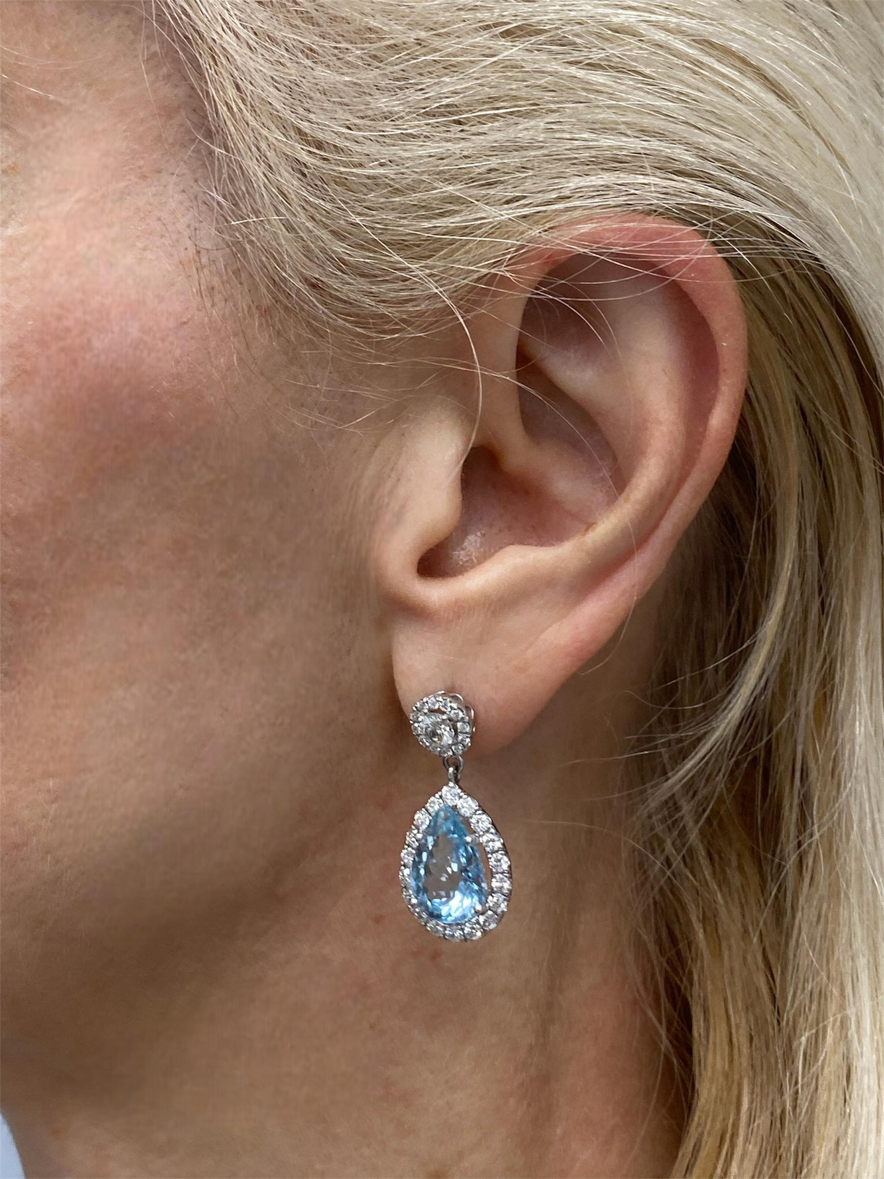 GIA Certified Aquamarine Diamond Teardrop Earrings 14K White Gold 12.05ctw In New Condition In New York, NY