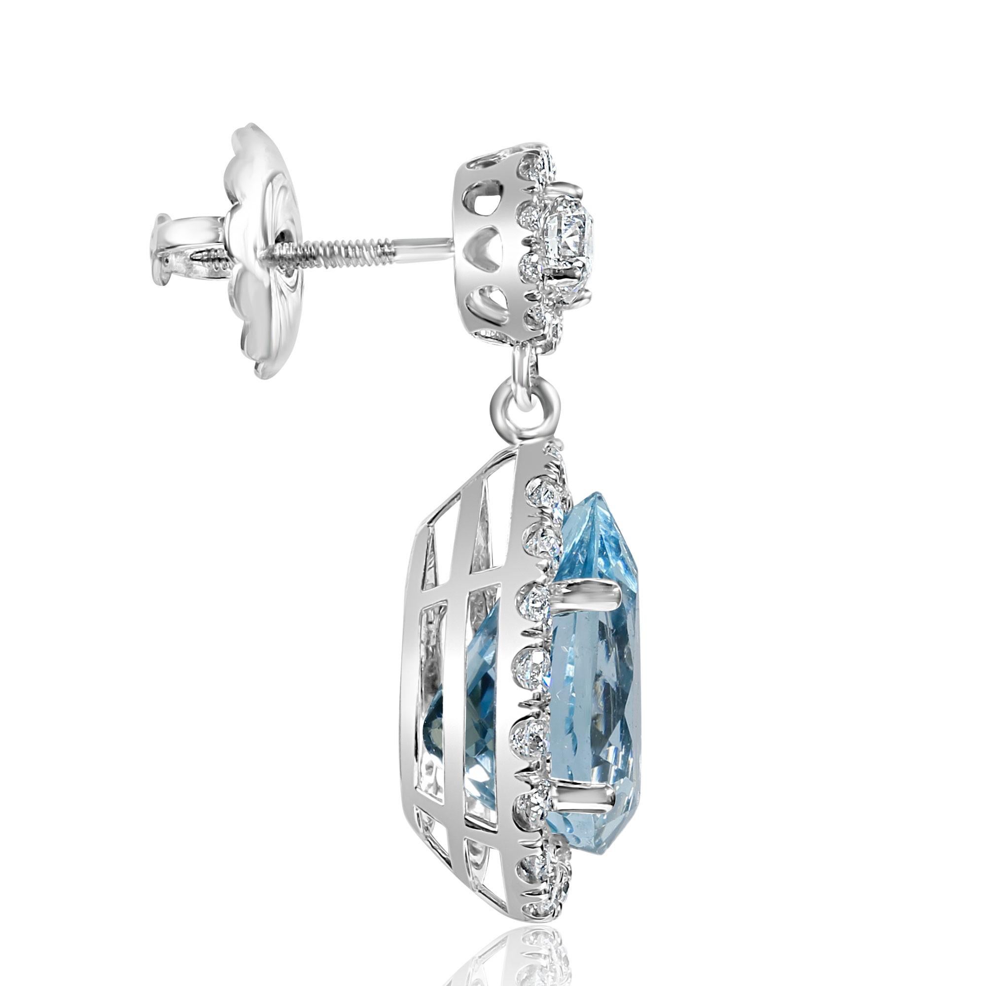 Women's GIA Certified Aquamarine Diamond Teardrop Earrings 14K White Gold 12.05ctw