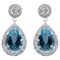 GIA Certified Aquamarine Diamond Teardrop Earrings 14K White Gold 12.05ctw