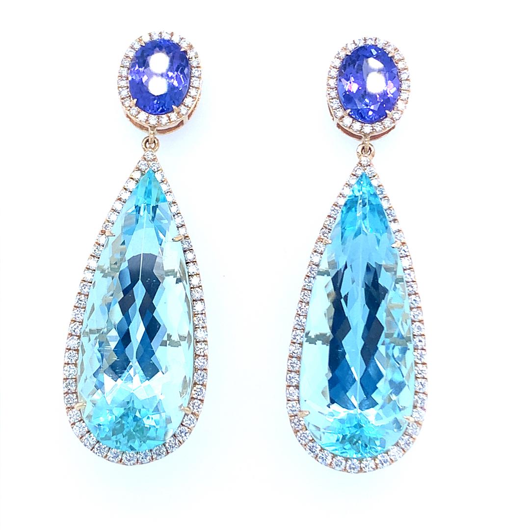 Pear Cut GIA Certified Aquamarine, Tanzanite and Diamond Drop Earring For Sale