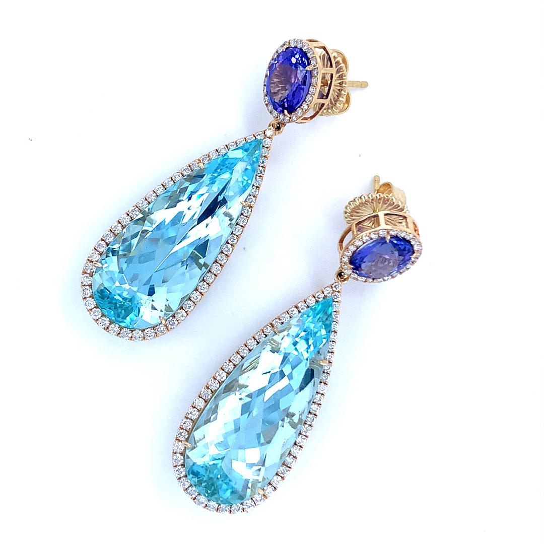 GIA Certified Aquamarine, Tanzanite and Diamond Drop Earring In New Condition For Sale In New York, NY
