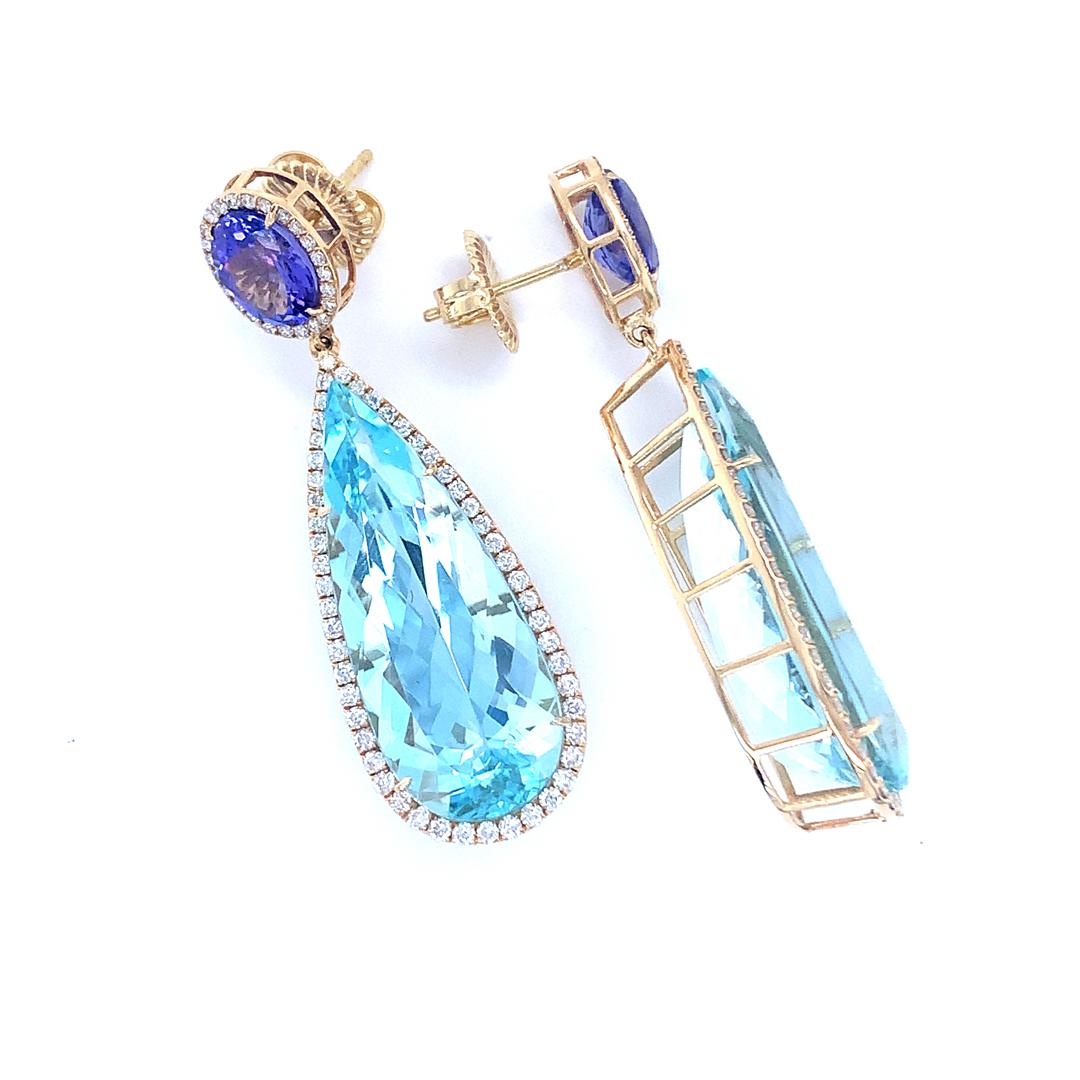 Women's GIA Certified Aquamarine, Tanzanite and Diamond Drop Earring For Sale