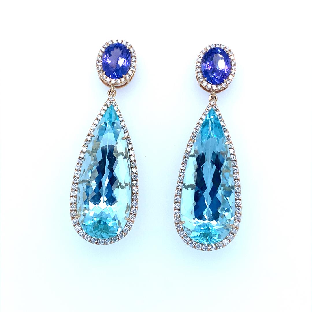 GIA Certified Aquamarine, Tanzanite and Diamond Drop Earring For Sale 1