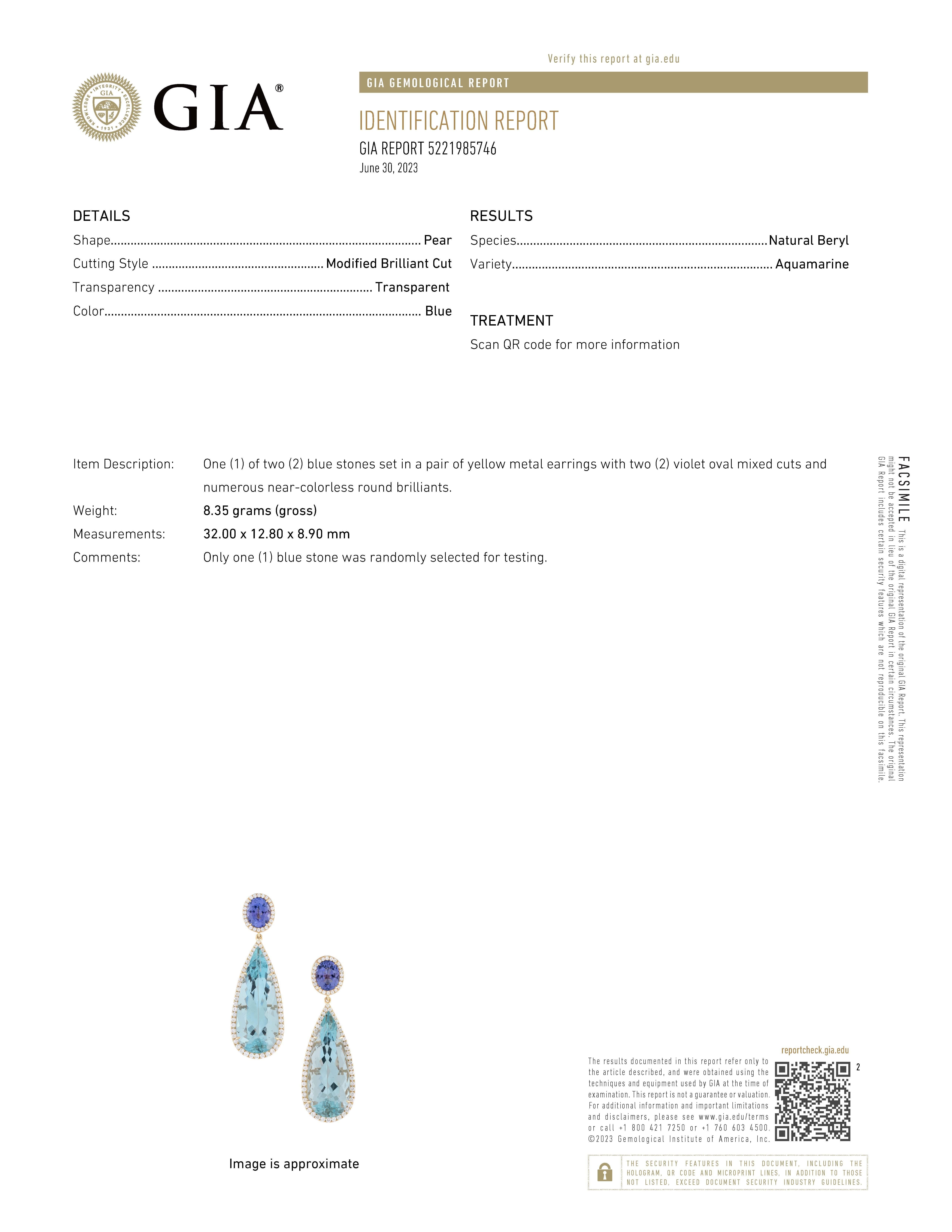 GIA Certified Aquamarine, Tanzanite and Diamond Drop Earring For Sale 2
