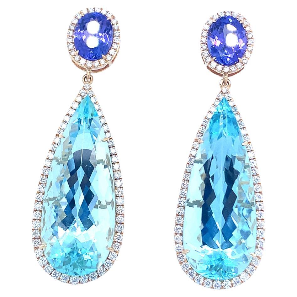 GIA Certified Aquamarine, Tanzanite and Diamond Drop Earring For Sale