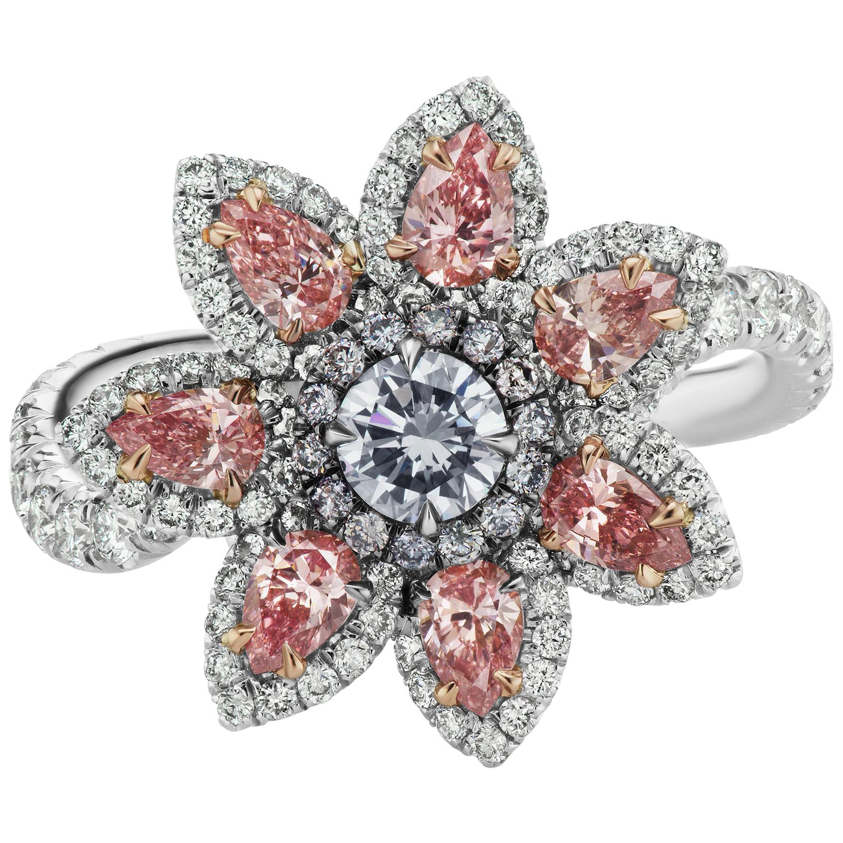 GIA Certified Argyle Fancy Pink and Fancy Light Blue Diamond Flower Ring/Pendant