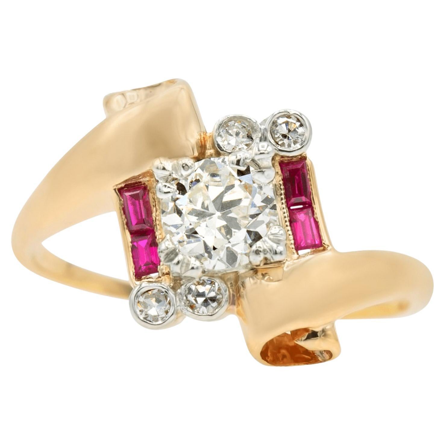 GIA Certified Art Deco 0.53 Ct. Rose Gold Ring with Ruby Accents I VVS2 For Sale
