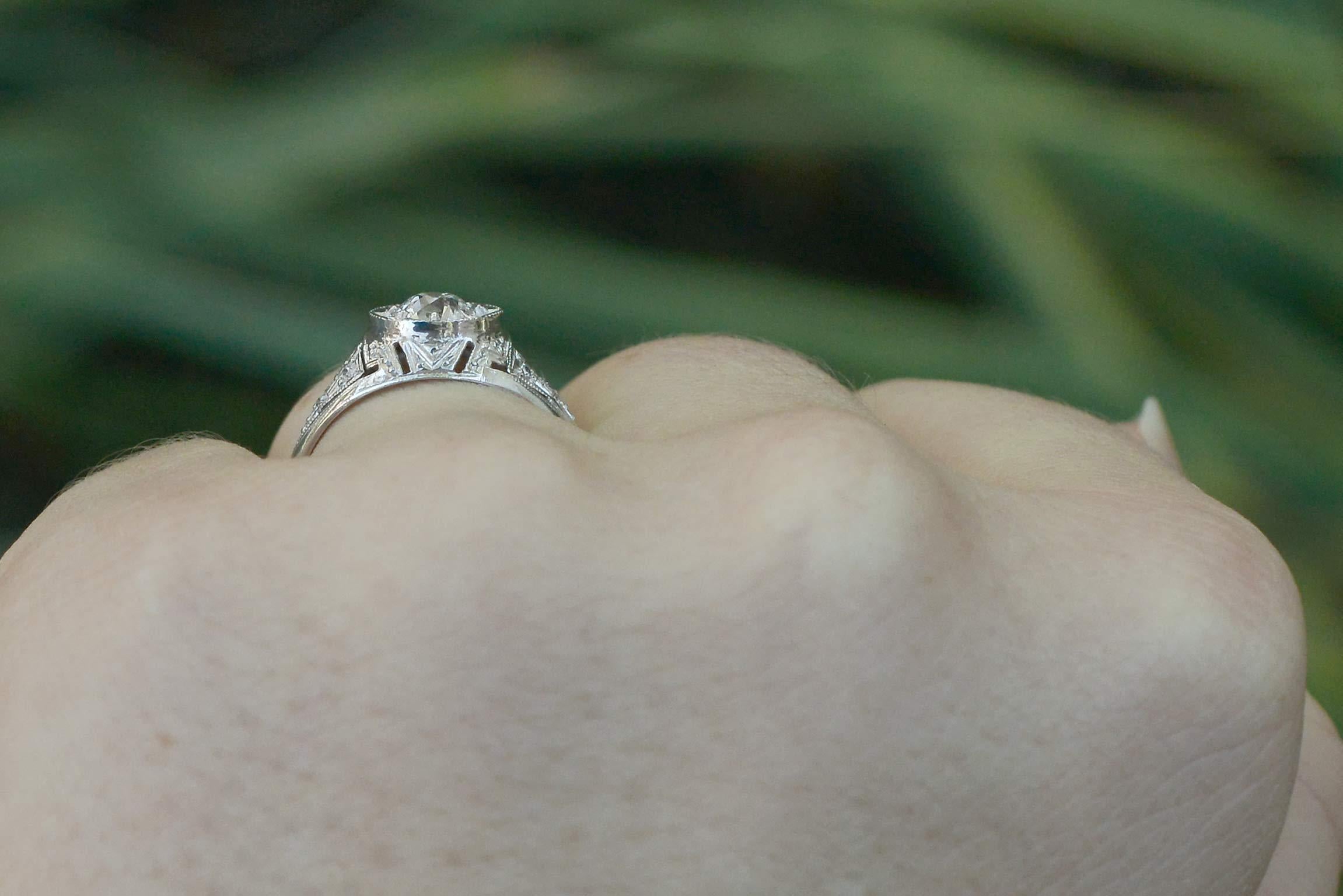 GIA Certified Art Deco 0.53 Carat Diamond Star Platinum Engagement Ring In Good Condition For Sale In Santa Barbara, CA