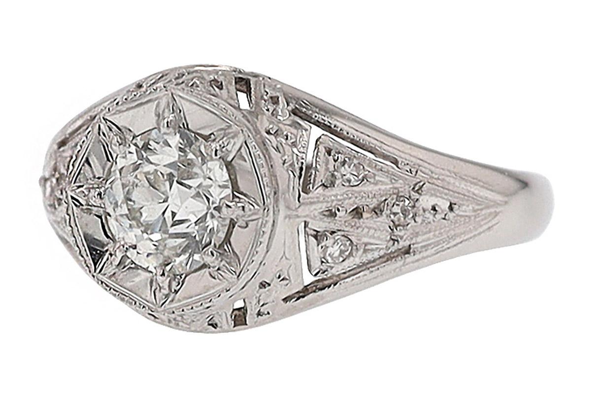 Women's GIA Certified Art Deco 0.53 Carat Diamond Star Platinum Engagement Ring For Sale