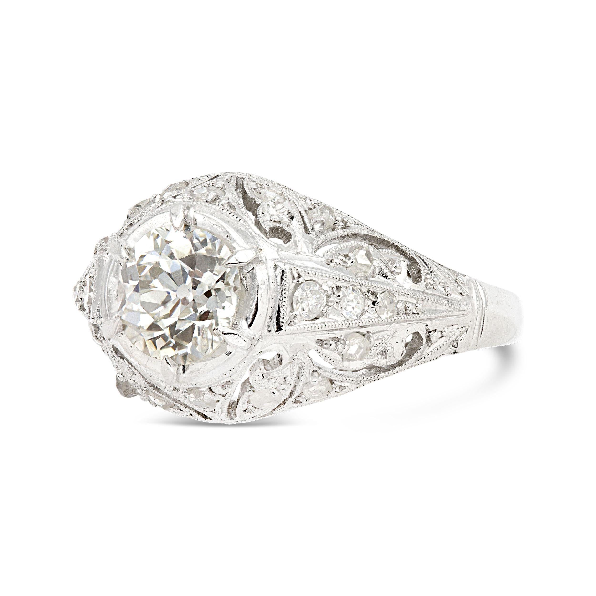 GIA Certified Art Deco 0.95 Ct. Old Mine Filigree Ring I SI2 In Good Condition For Sale In New York, NY