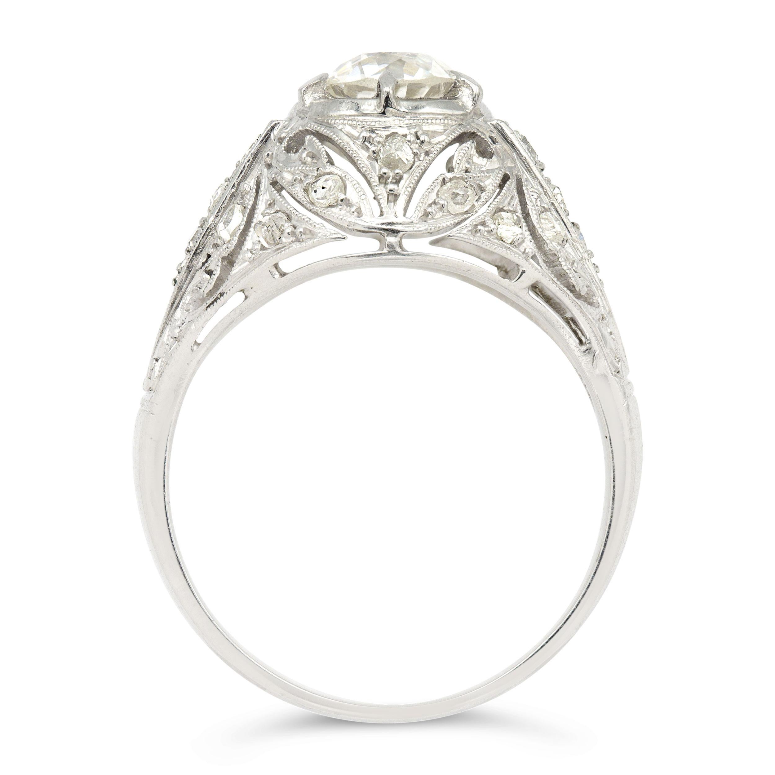 Women's GIA Certified Art Deco 0.95 Ct. Old Mine Filigree Ring I SI2 For Sale