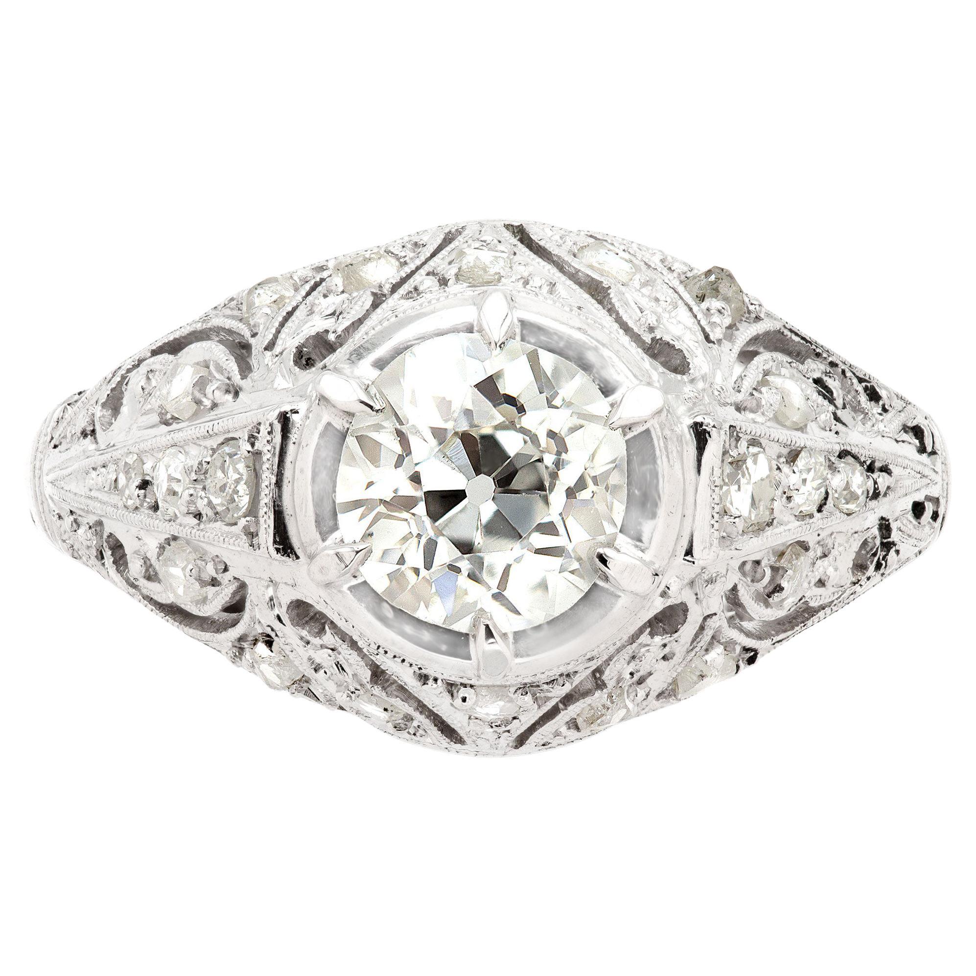 GIA Certified Art Deco 0.95 Ct. Old Mine Filigree Ring I SI2 For Sale