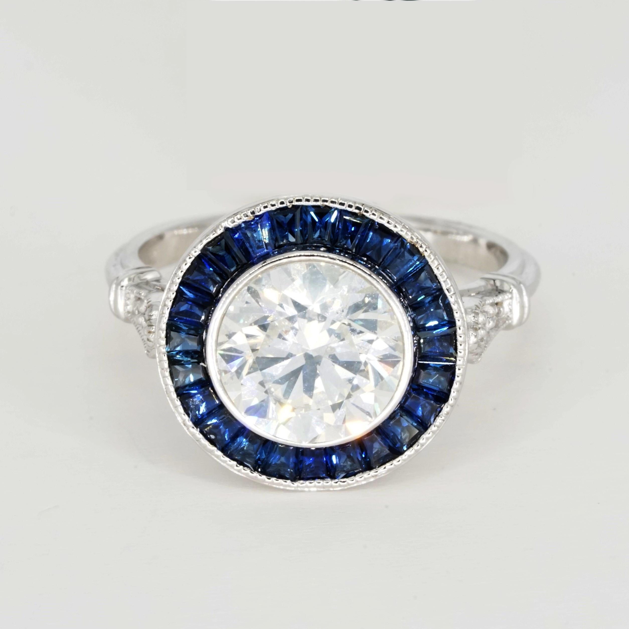 Round Cut GIA Certified Art Deco 2.20 Carat Round Brilliant and Blue Sapphire Ring For Sale
