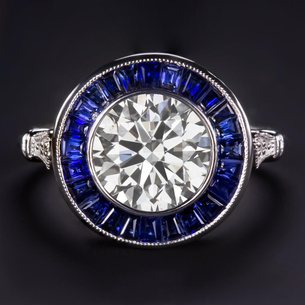 GIA Certified Art Deco 2.20 Carat Round Brilliant and Blue Sapphire Ring  In New Condition For Sale In Rome, IT
