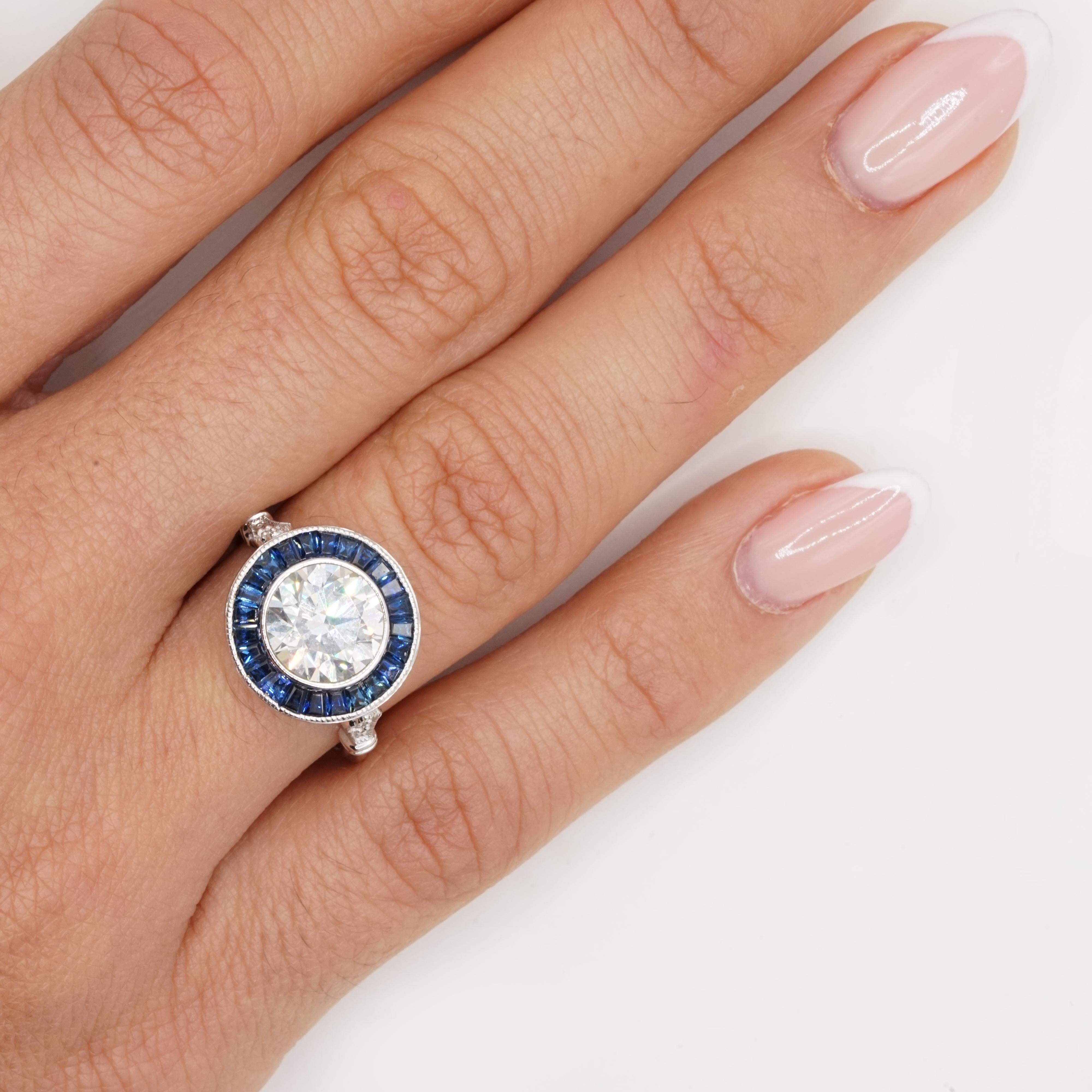 GIA Certified Art Deco 2.20 Carat Round Brilliant and Blue Sapphire Ring For Sale 1