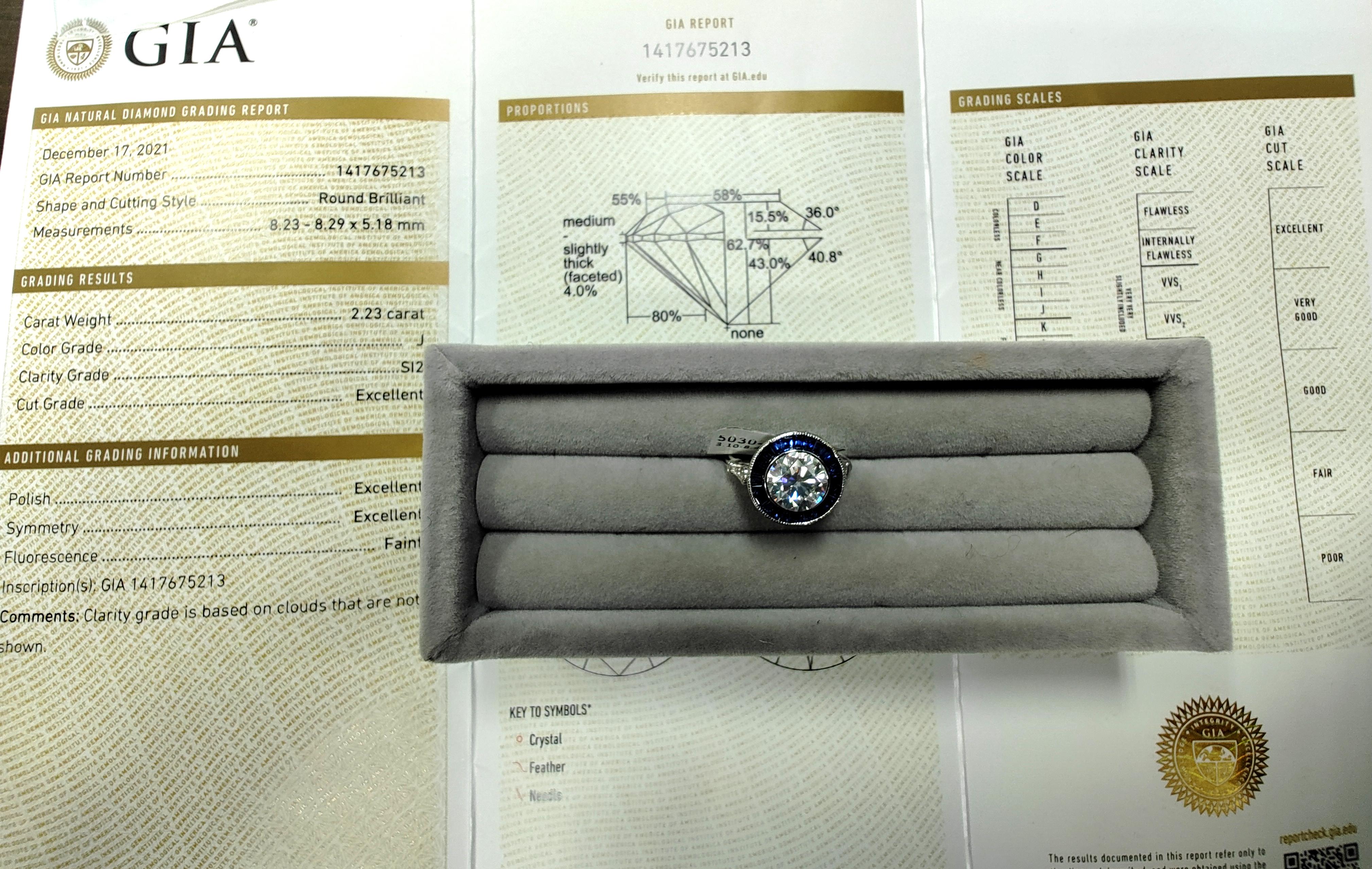 Women's or Men's GIA Certified Art Deco 2.20 Carat Round Brilliant and Blue Sapphire Ring  For Sale
