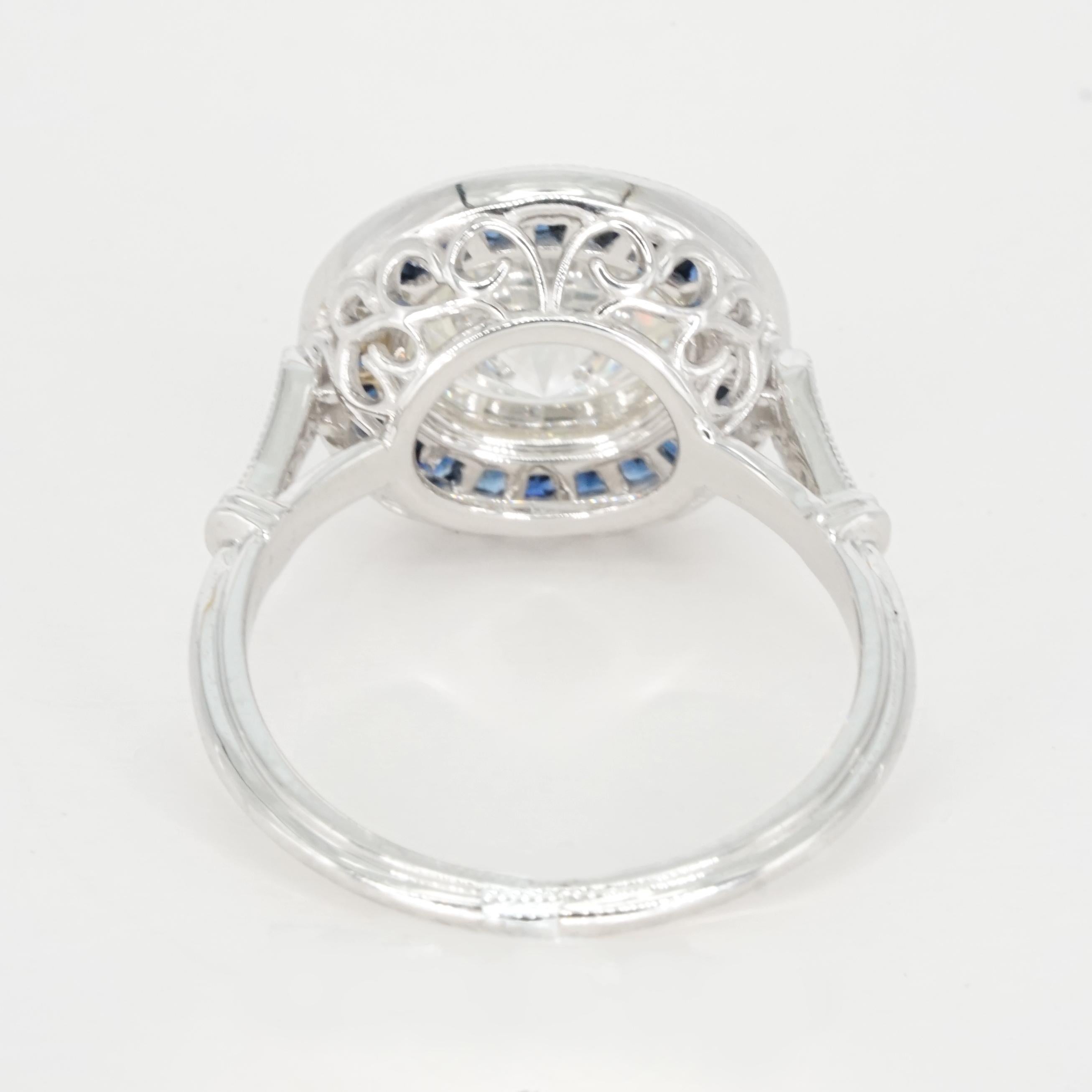 Women's or Men's GIA Certified Art Deco 2.20 Carat Round Brilliant and Blue Sapphire Ring For Sale