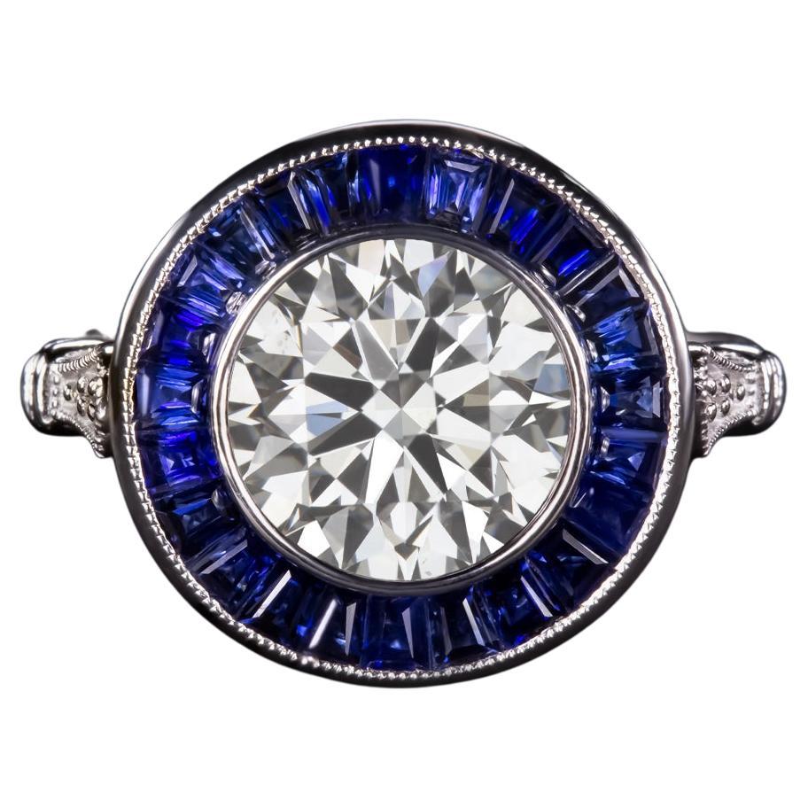 GIA Certified Art Deco 2.20 Carat Round Brilliant and Blue Sapphire Ring 