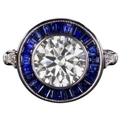 Used GIA Certified Art Deco 2.20 Carat Round Brilliant and Blue Sapphire Ring 