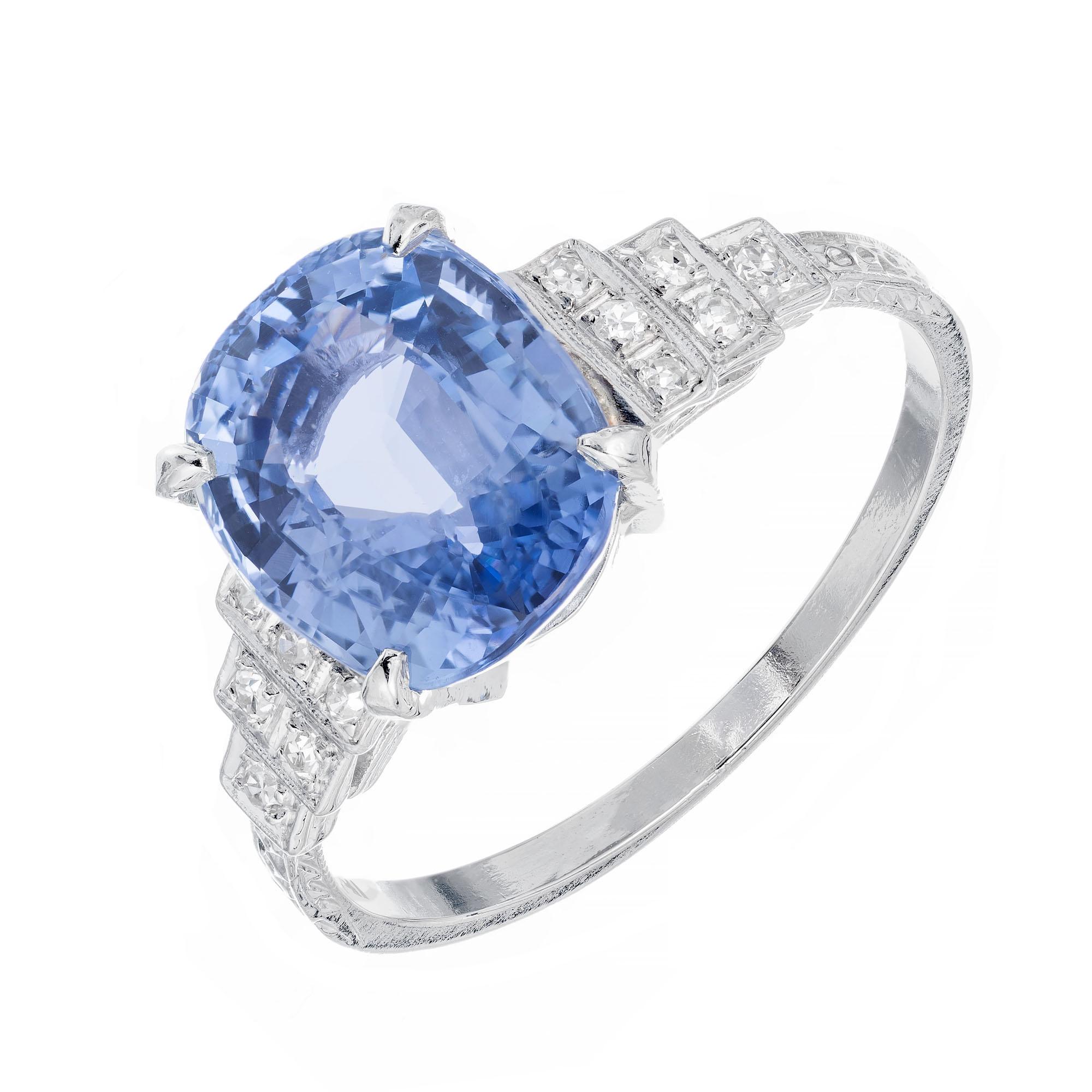 Periwinkle blue sapphire and diamond engagement ring. GIA certified oval natural no heat untreated sapphire in its original 1920’s Art Deco platinum setting with 12 single cut accent diamonds.  

1 oval 10.89 x 9.05 x 5.20mm periwinkle blue sapphire