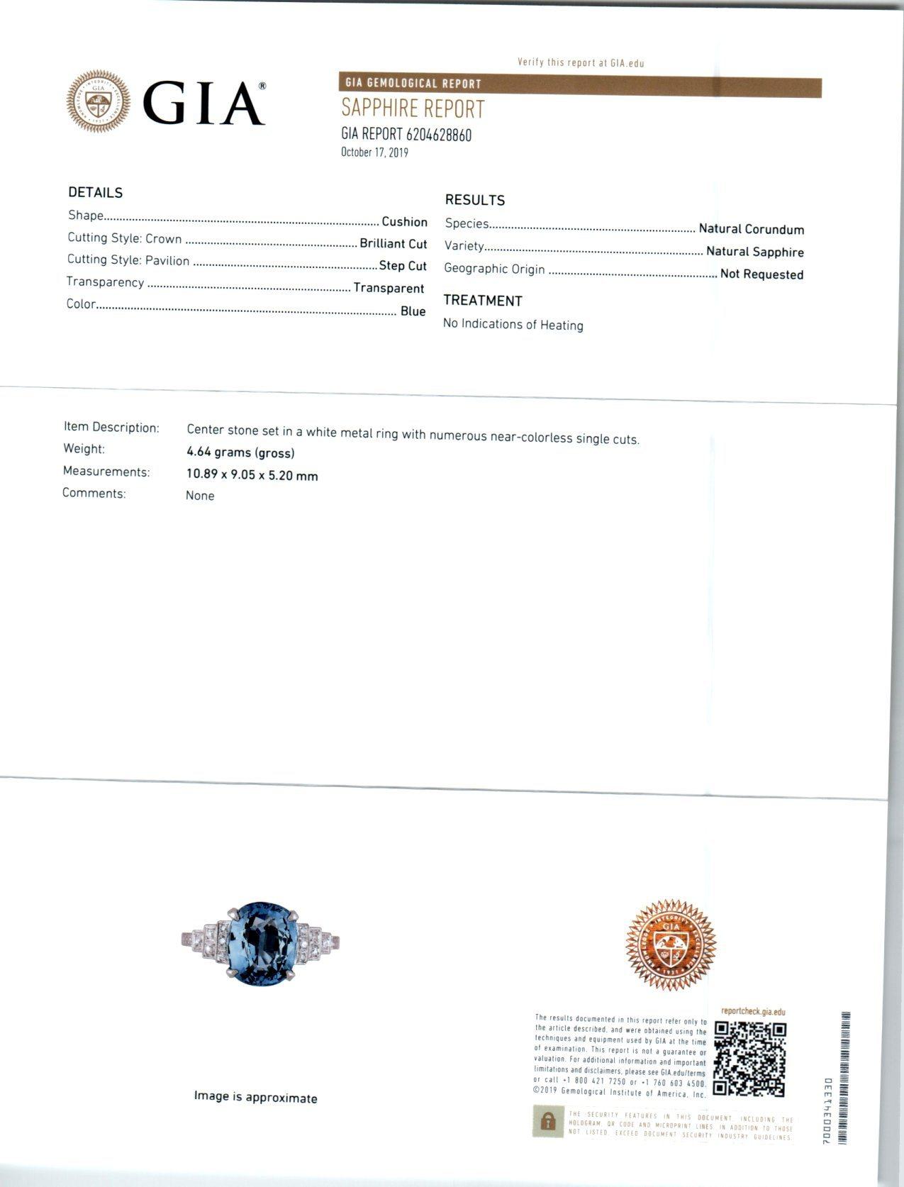 GIA Certified Art Deco 4.51 Carat Sapphire Diamond Platinum Engagement Ring For Sale 2