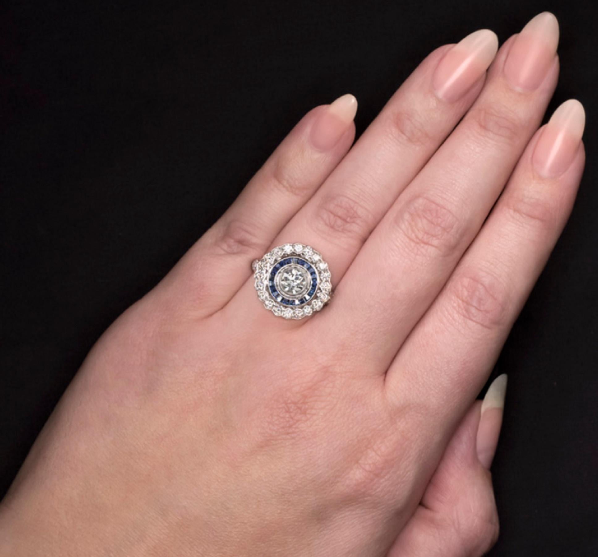 Round Cut GIA Certified Art Deco Style Blue Sapphire Diamond Ring
