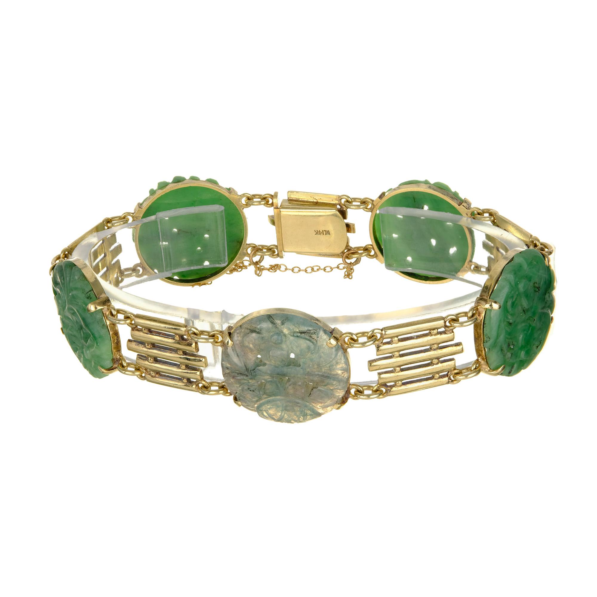 Bracelet sculpté style art déco, en or, jade et jadéite naturelle, certifié GIA Excellent état - En vente à Stamford, CT