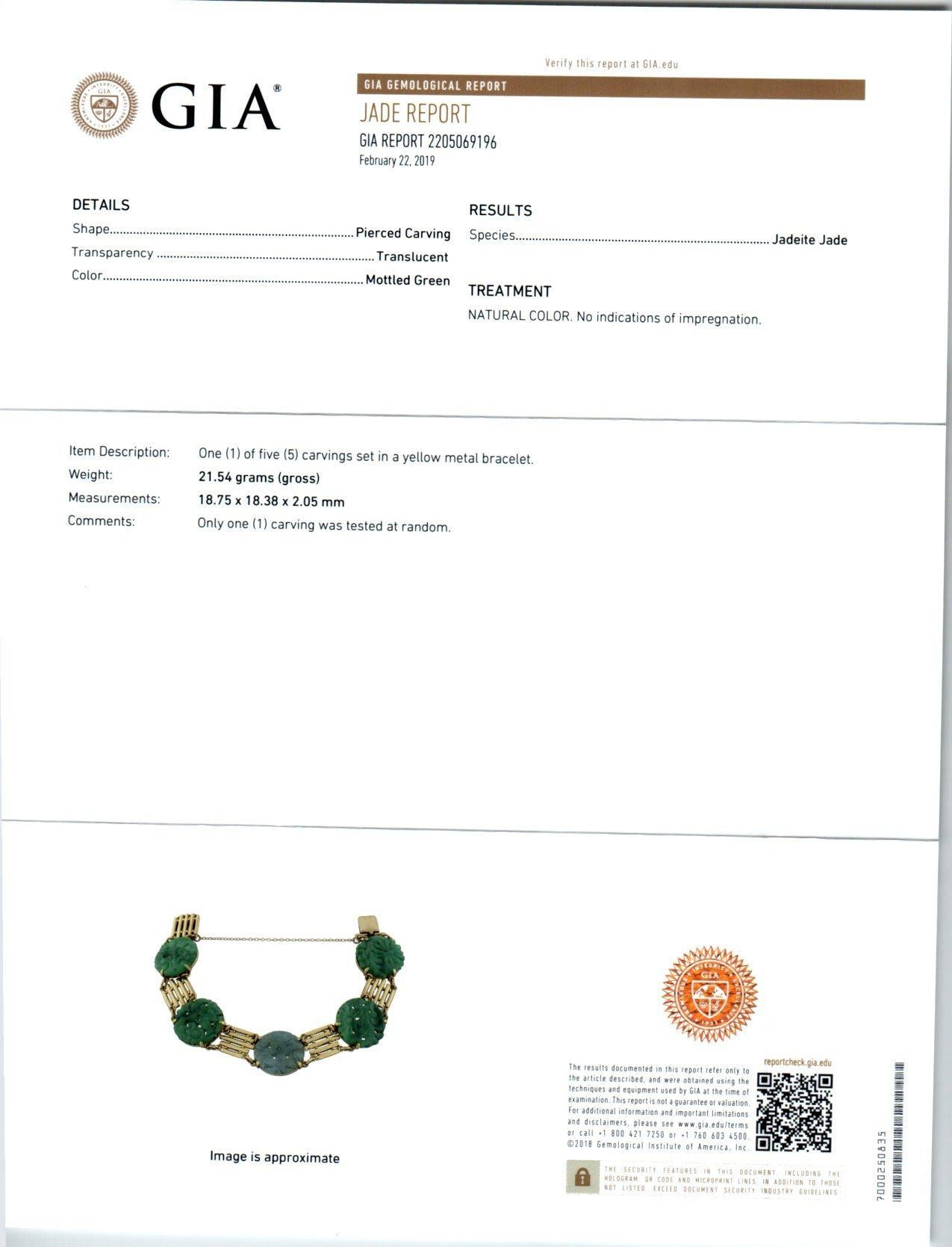 Women's GIA Certified Art Deco Carved Natural Jadeite Jade Gold Bracelet For Sale