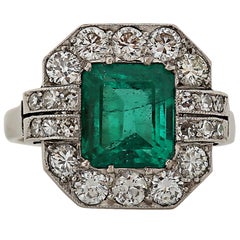 Antique GIA Certified Art Deco Colombian Emerald and Diamond Ring