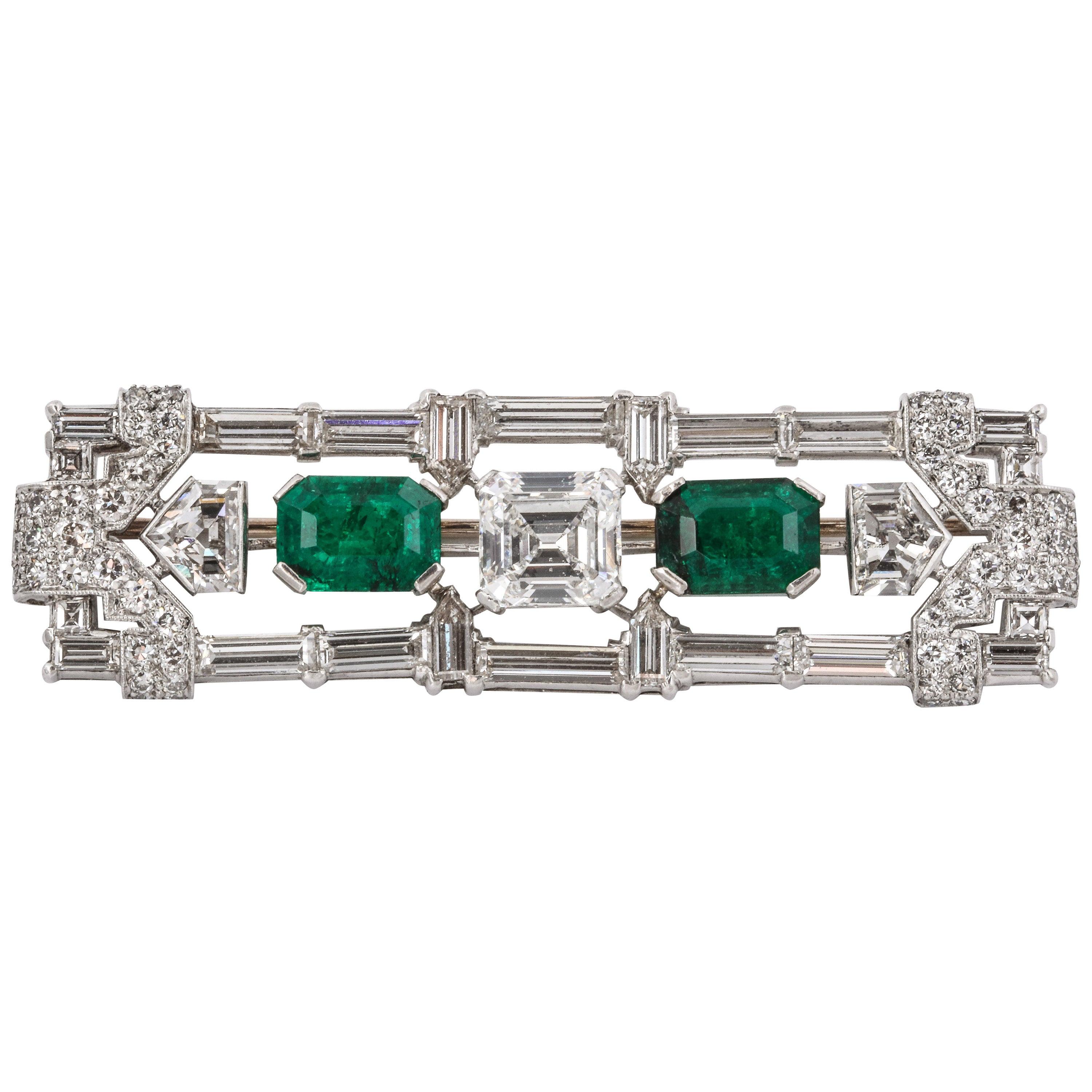 GIA Certified Art Deco Diamond and Emerald Brooch