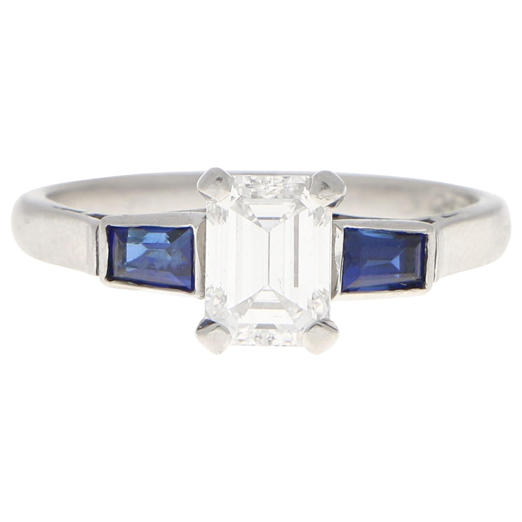 GIA Certified Art Deco Diamond and Sapphire Engagement Ring Set in Platinum