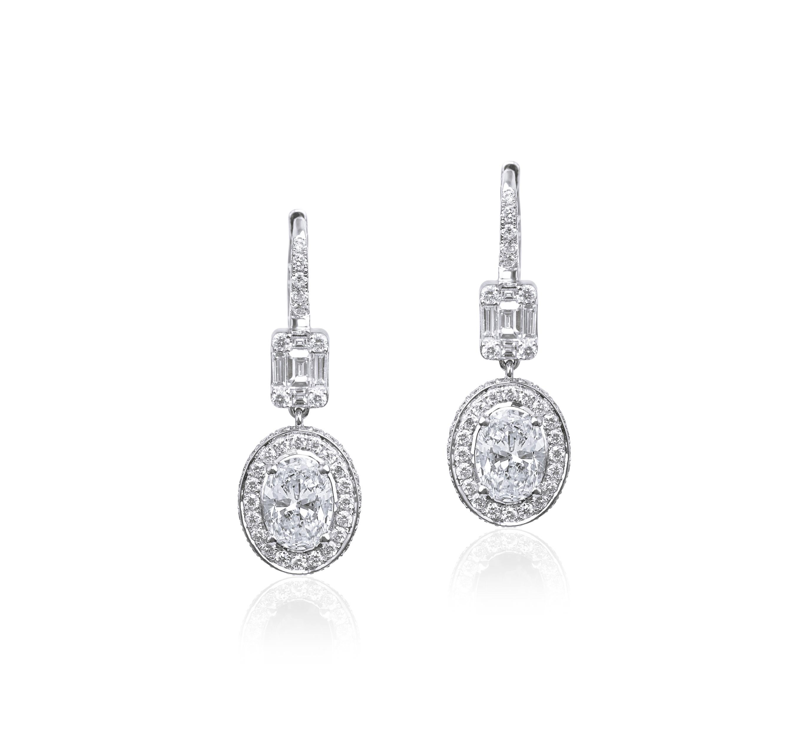 GIA Report Certified 1.5 TCW Art Deco Diamond Oval Cut Drop Dangle Earrings  In New Condition For Sale In Jaipur, RJ
