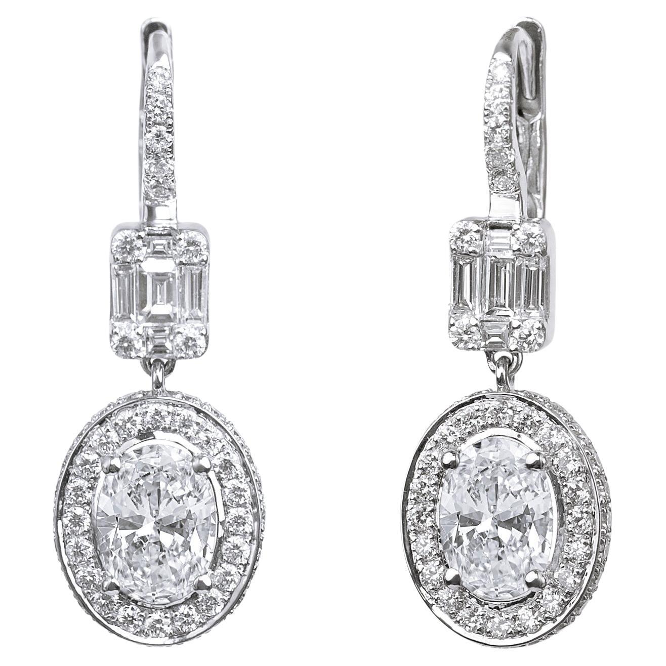 GIA Report Certified 1.5 TCW Art Deco Diamond Oval Cut Drop Dangle Earrings  For Sale