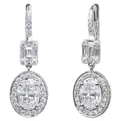 1.5ct GIA Oval-Cut Diamond Halo Dangle Earrings in 18K White Gold with Baguettes