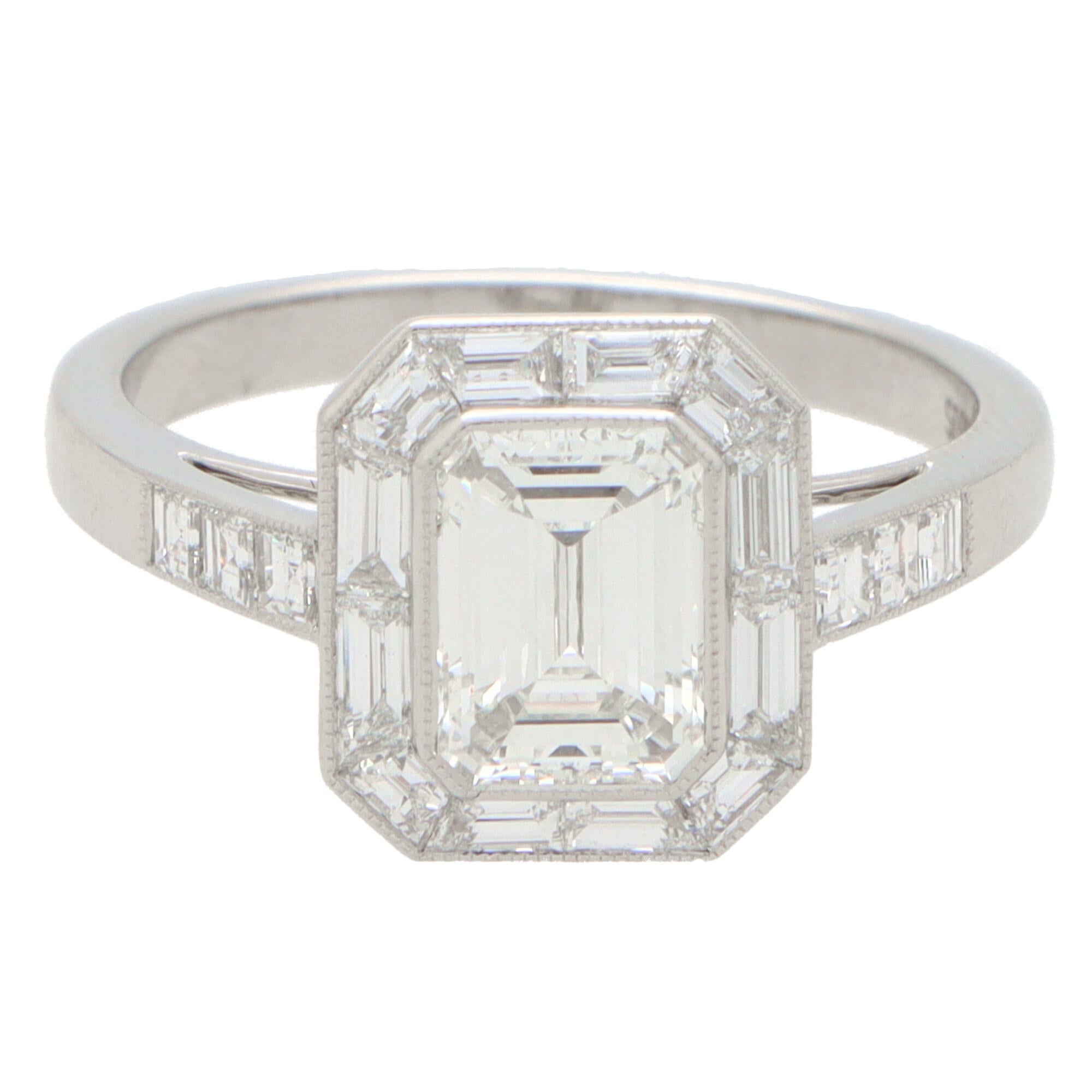 GIA Certified Art Deco Inspired Emerald Cut Diamond Halo Ring Set in Platinum In Good Condition In London, GB
