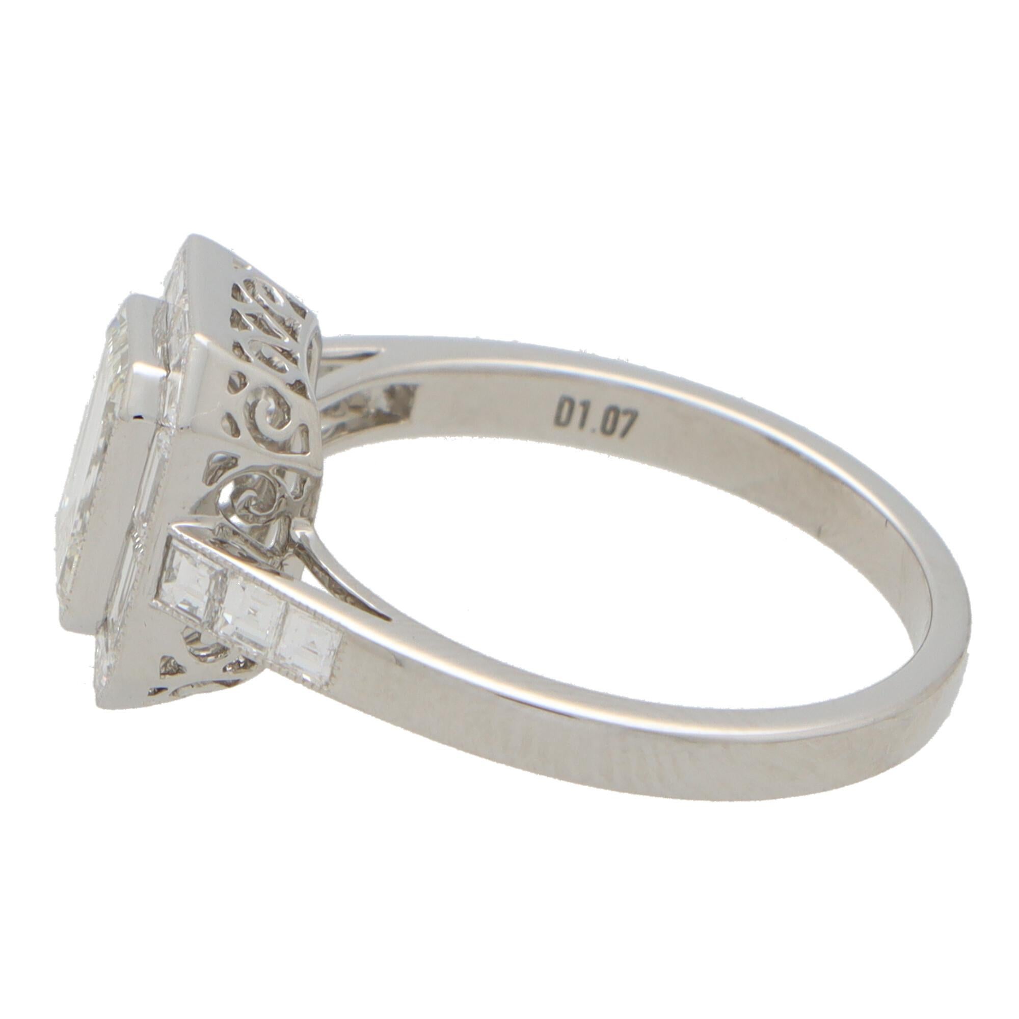 Women's or Men's GIA Certified Art Deco Inspired Emerald Cut Diamond Halo Ring Set in Platinum