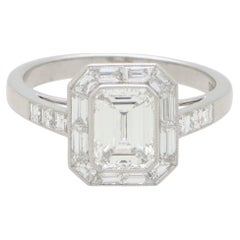 GIA Certified Art Deco Inspired Emerald Cut Diamond Halo Ring Set in Platinum