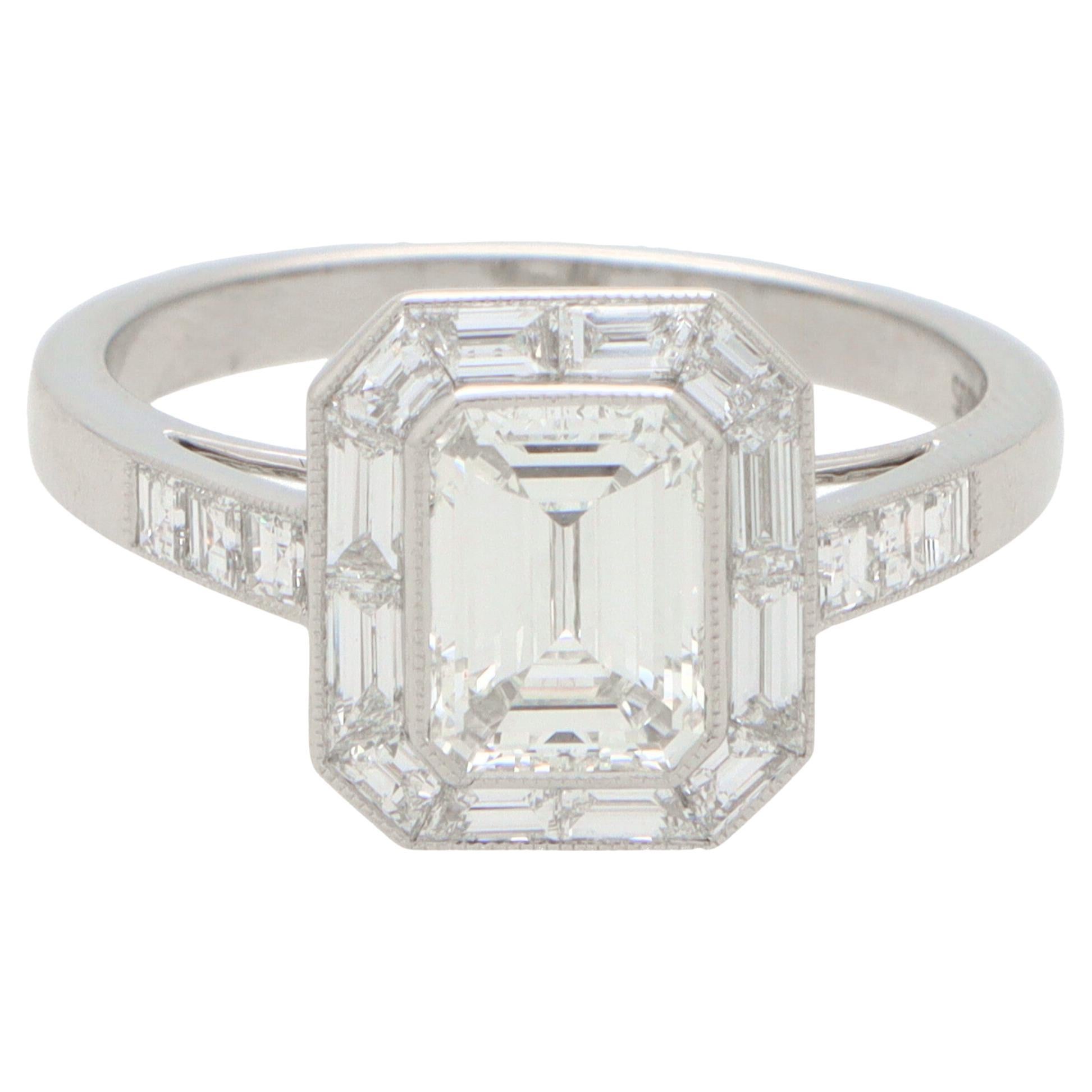 GIA Certified Art Deco Inspired Emerald Cut Diamond Halo Ring Set in Platinum