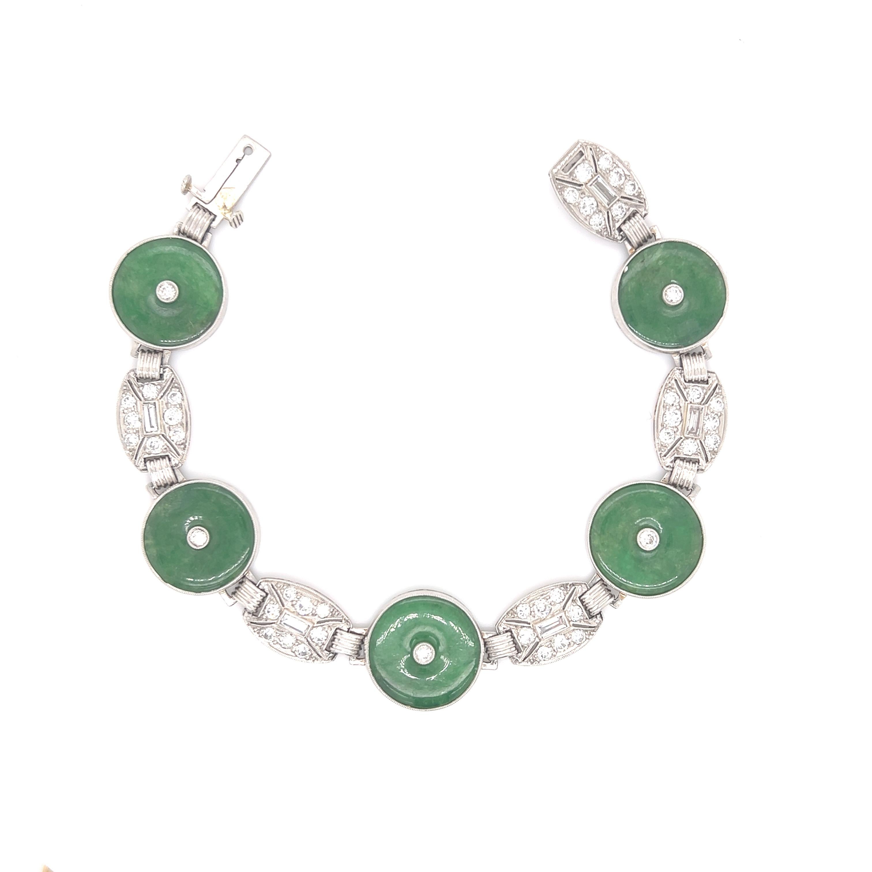 Mixed Cut GIA Certified Art Deco Jade & Diamond Platinum Bracelet For Sale
