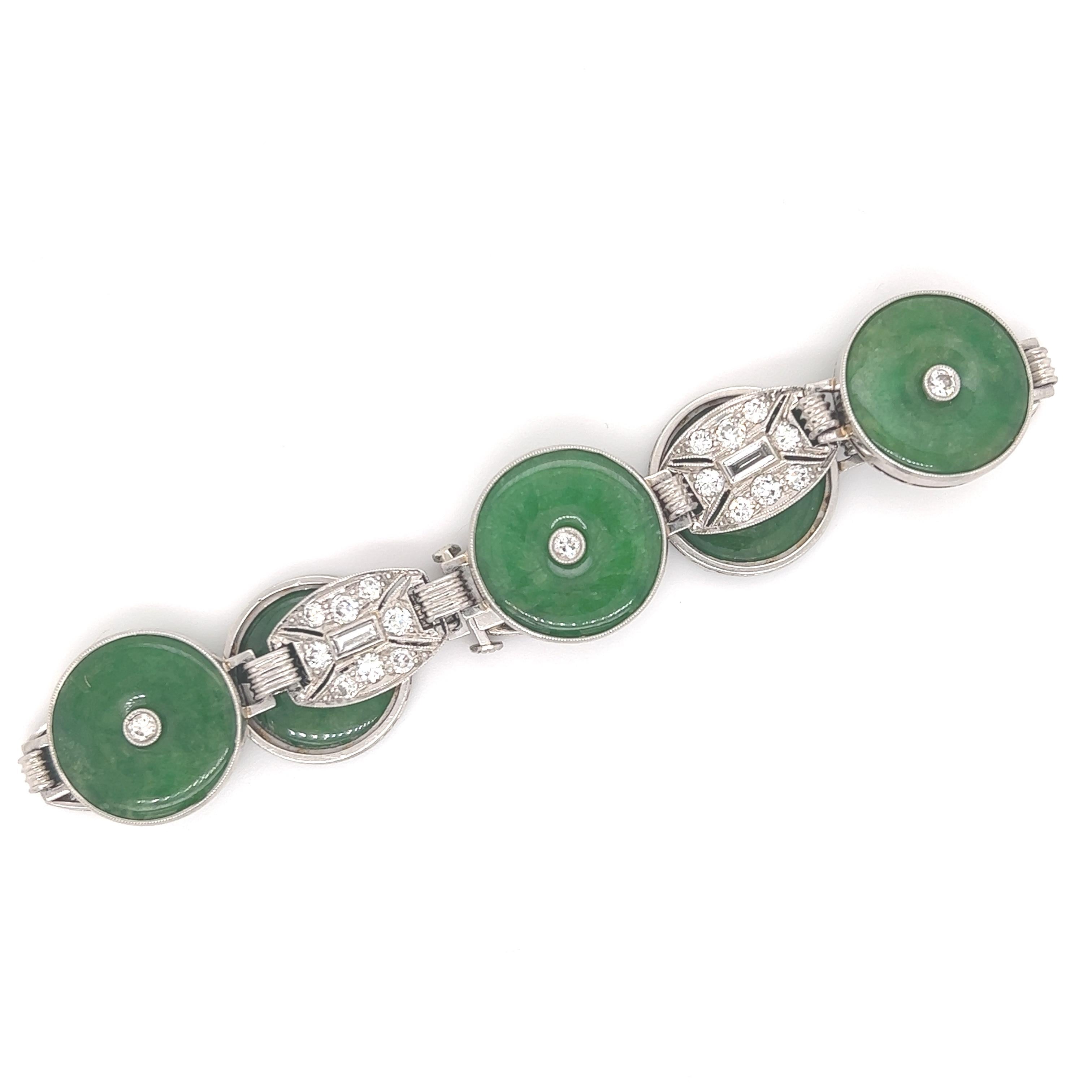 GIA Certified Art Deco Jade & Diamond Platinum Bracelet In Excellent Condition For Sale In MIAMI, FL