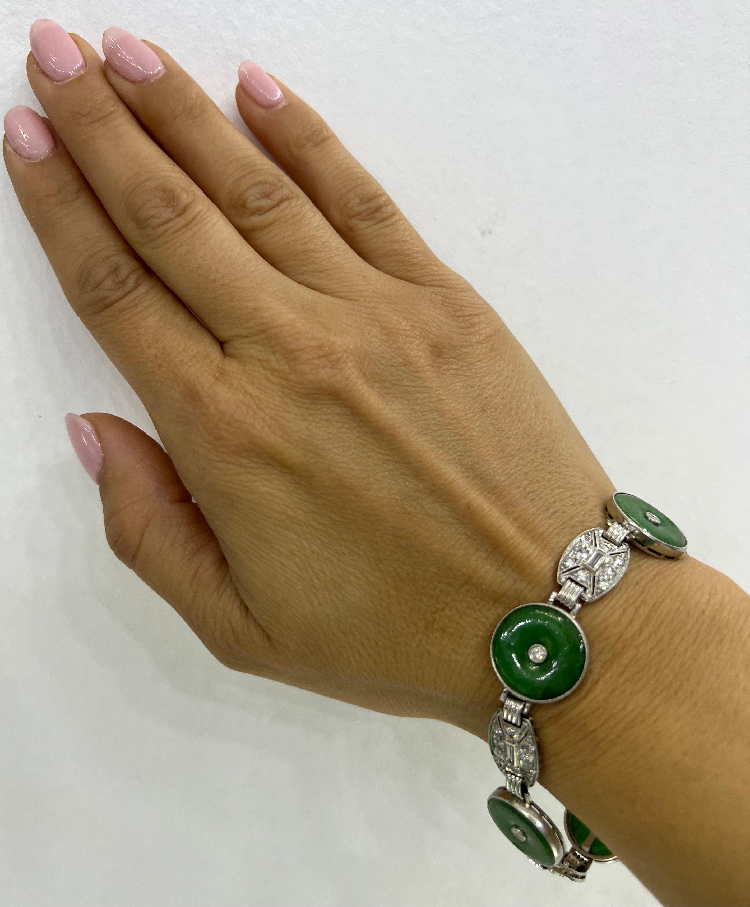 Women's GIA Certified Art Deco Jade & Diamond Platinum Bracelet For Sale