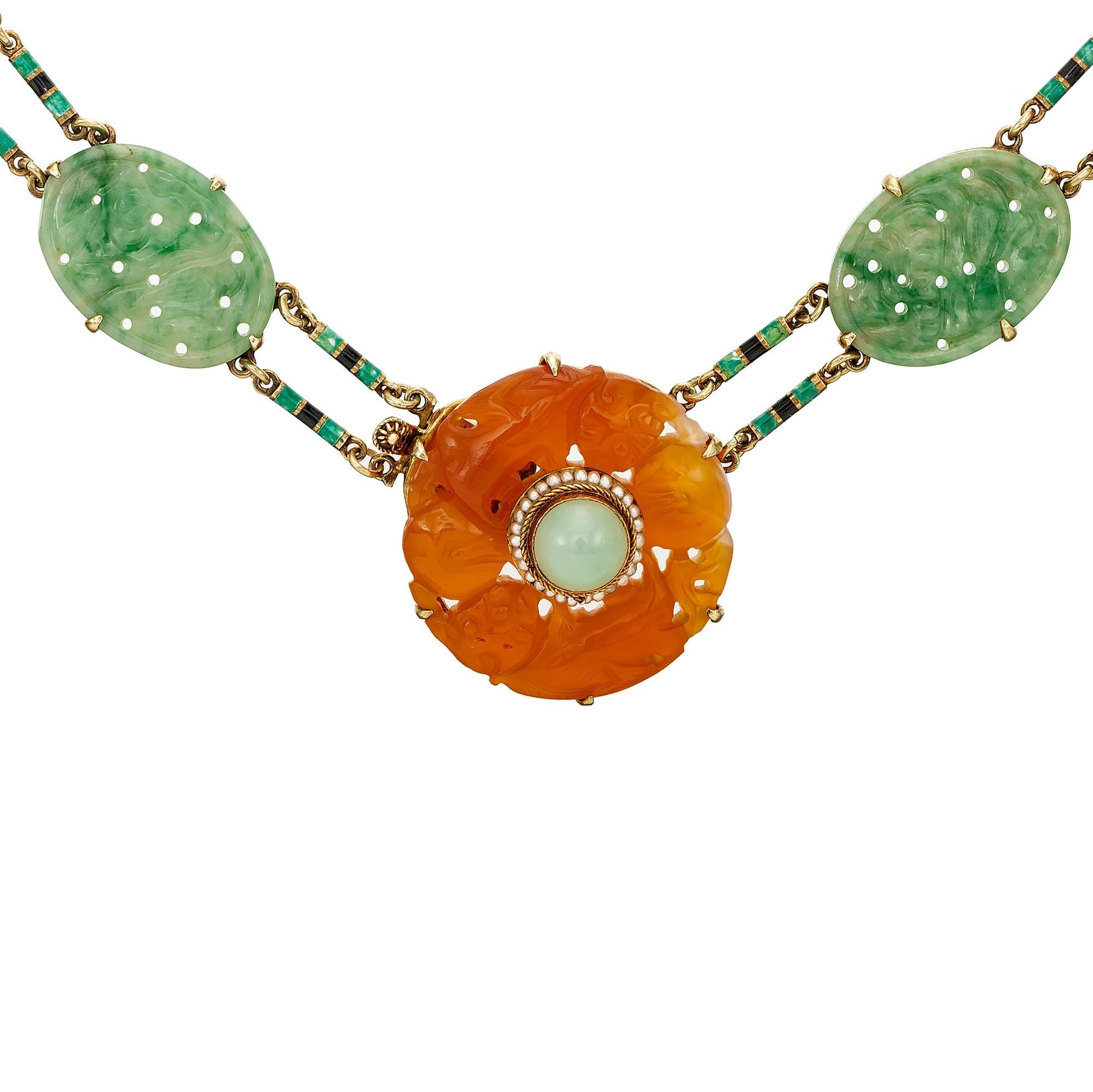 Women's GIA Certified Art Deco Jadeite Jade Pearl Carnelian Gold Necklace