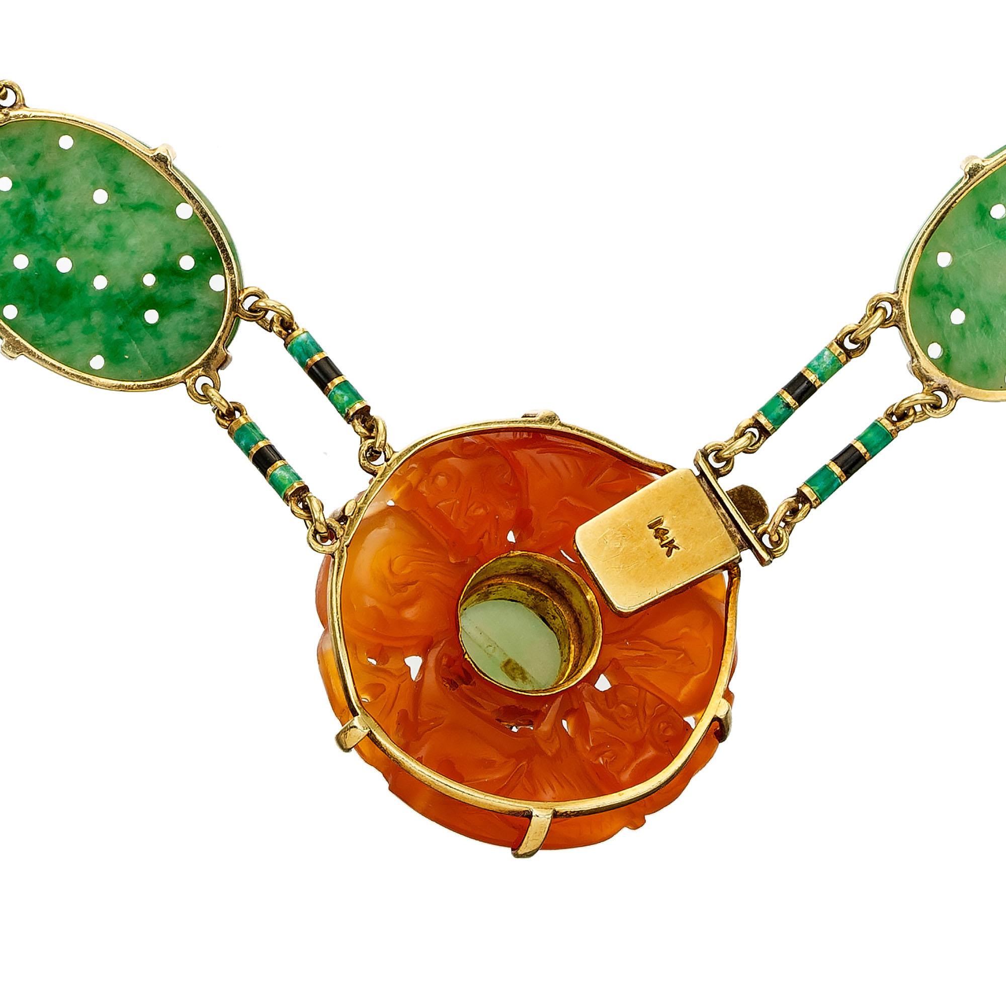 GIA Certified Art Deco Jadeite Jade Pearl Carnelian Gold Necklace 2