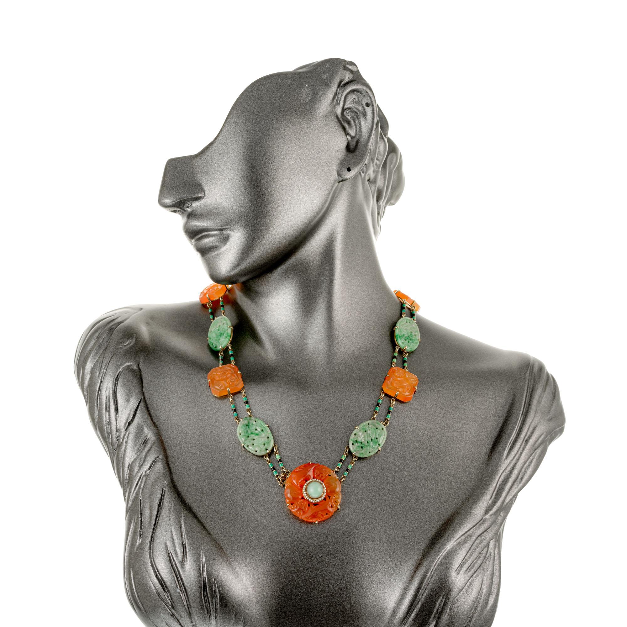 GIA Certified Art Deco Jadeite Jade Pearl Carnelian Gold Necklace 3