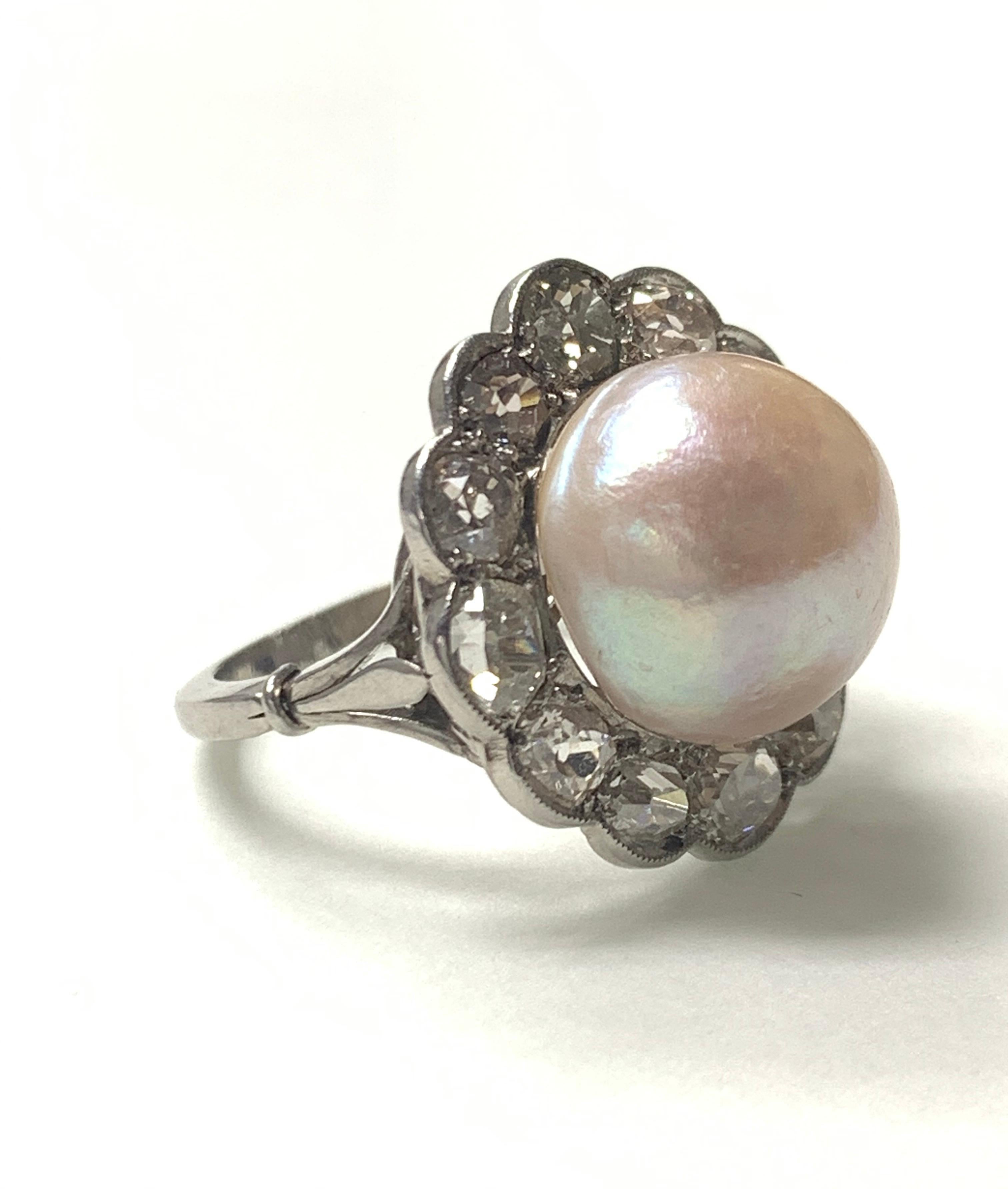 GIA Certified Art Deco Light Pinkish Brown Button Mabe Pearl and Diamond Ring For Sale 3