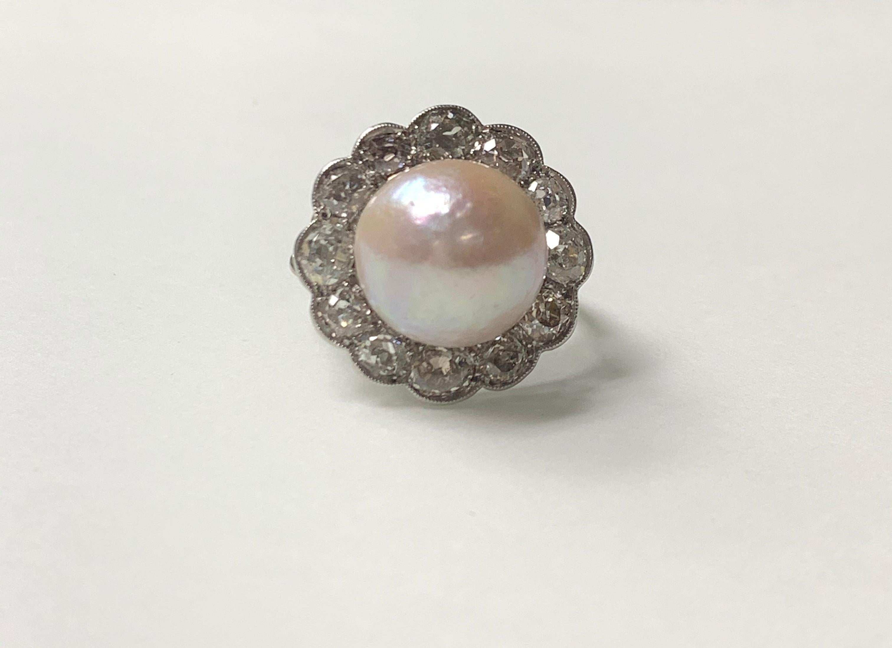 GIA Certified Art Deco Light Pinkish Brown Button Mabe Pearl and Diamond Ring For Sale 4