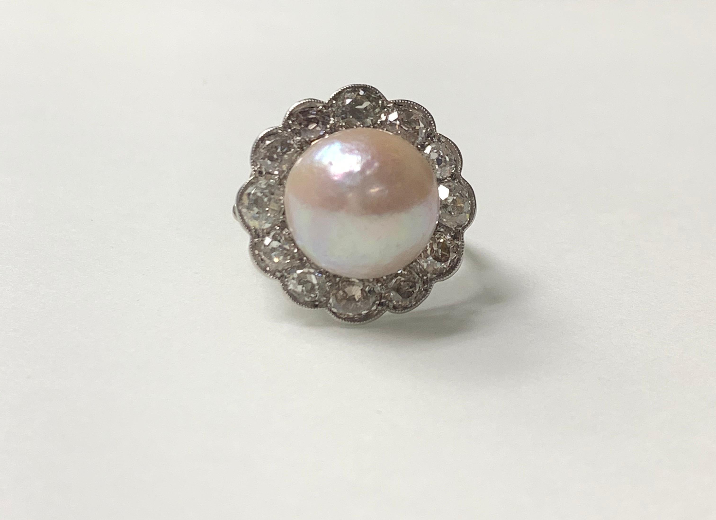 GIA Certified Art Deco Light Pinkish Brown Button Mabe Pearl and Diamond Ring 4
