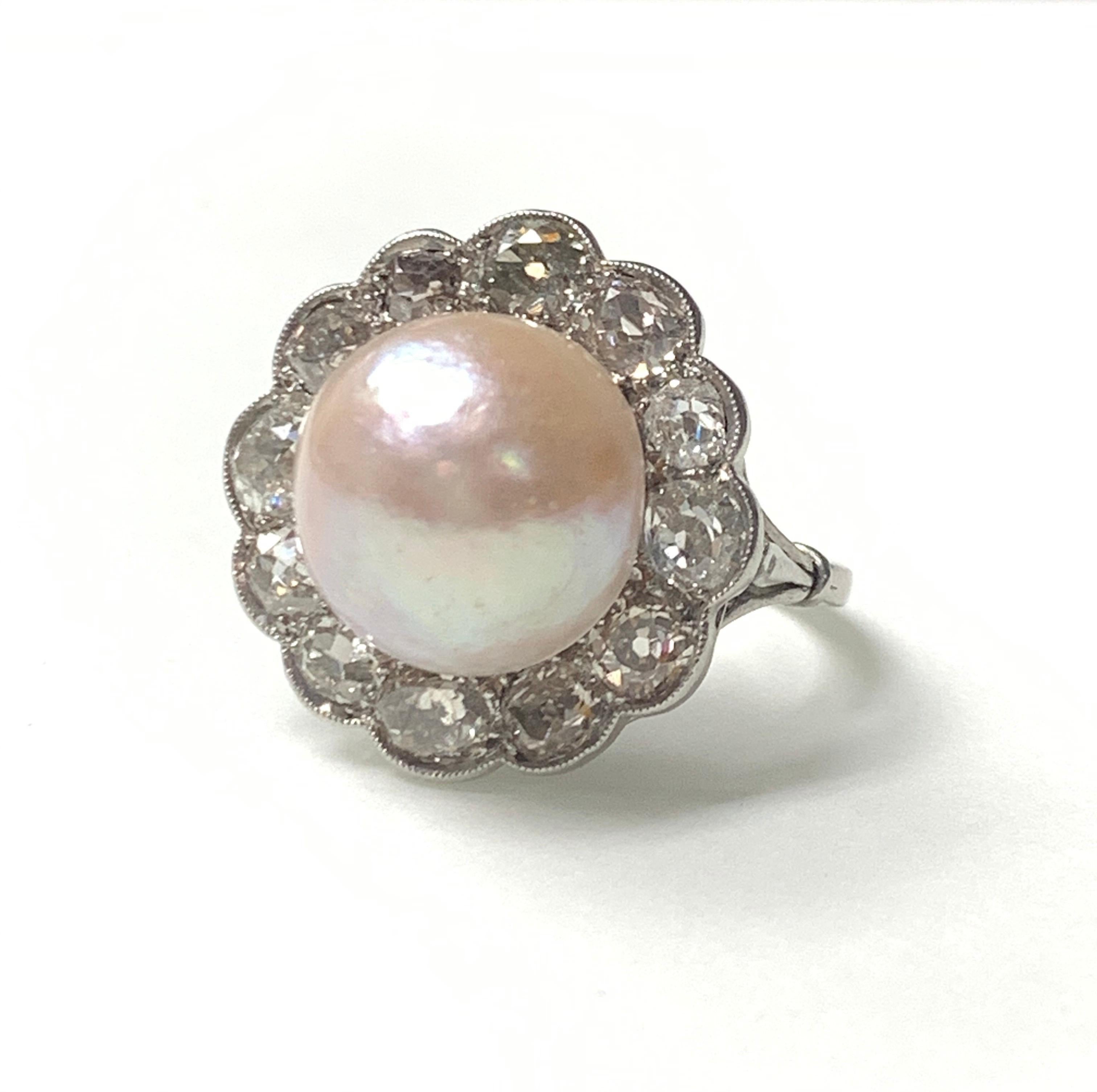GIA Certified Art Deco Light Pinkish Brown Button Mabe Pearl and Diamond Ring For Sale 5