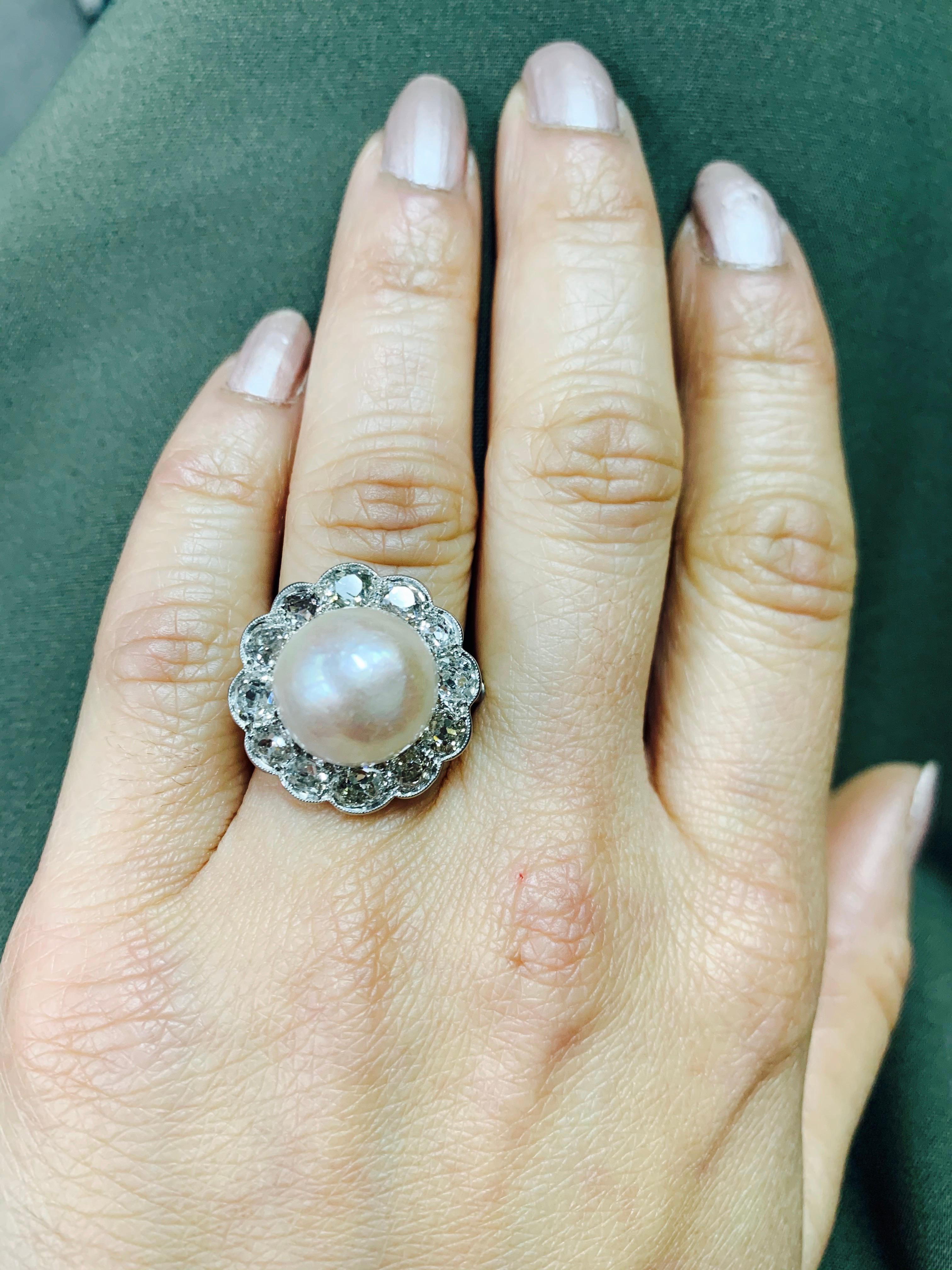 GIA Certified Art Deco Light Pinkish Brown Button Mabe Pearl and Diamond Ring For Sale 6