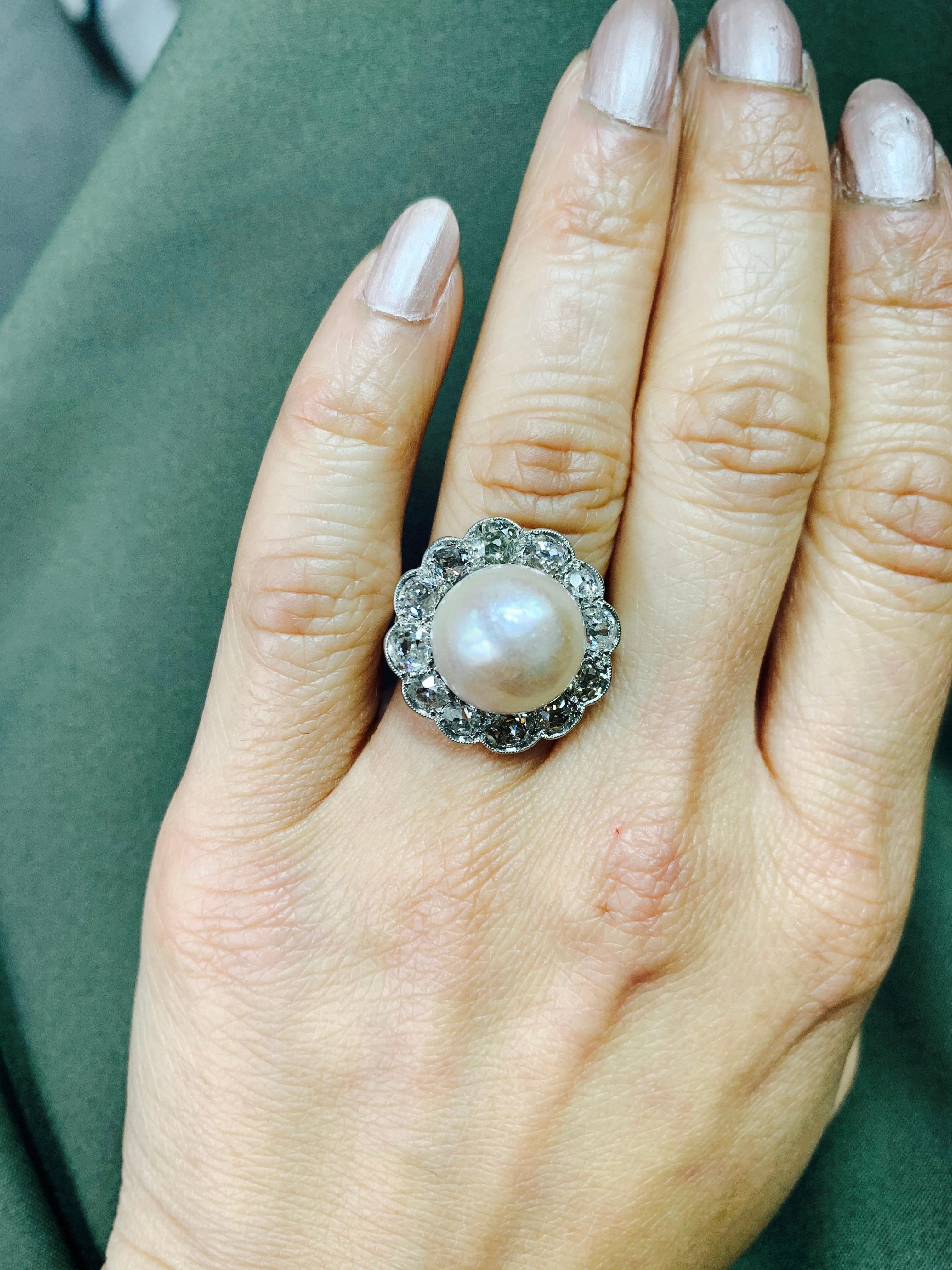 GIA Certified Art Deco Light Pinkish Brown Button Mabe Pearl and Diamond Ring For Sale 7